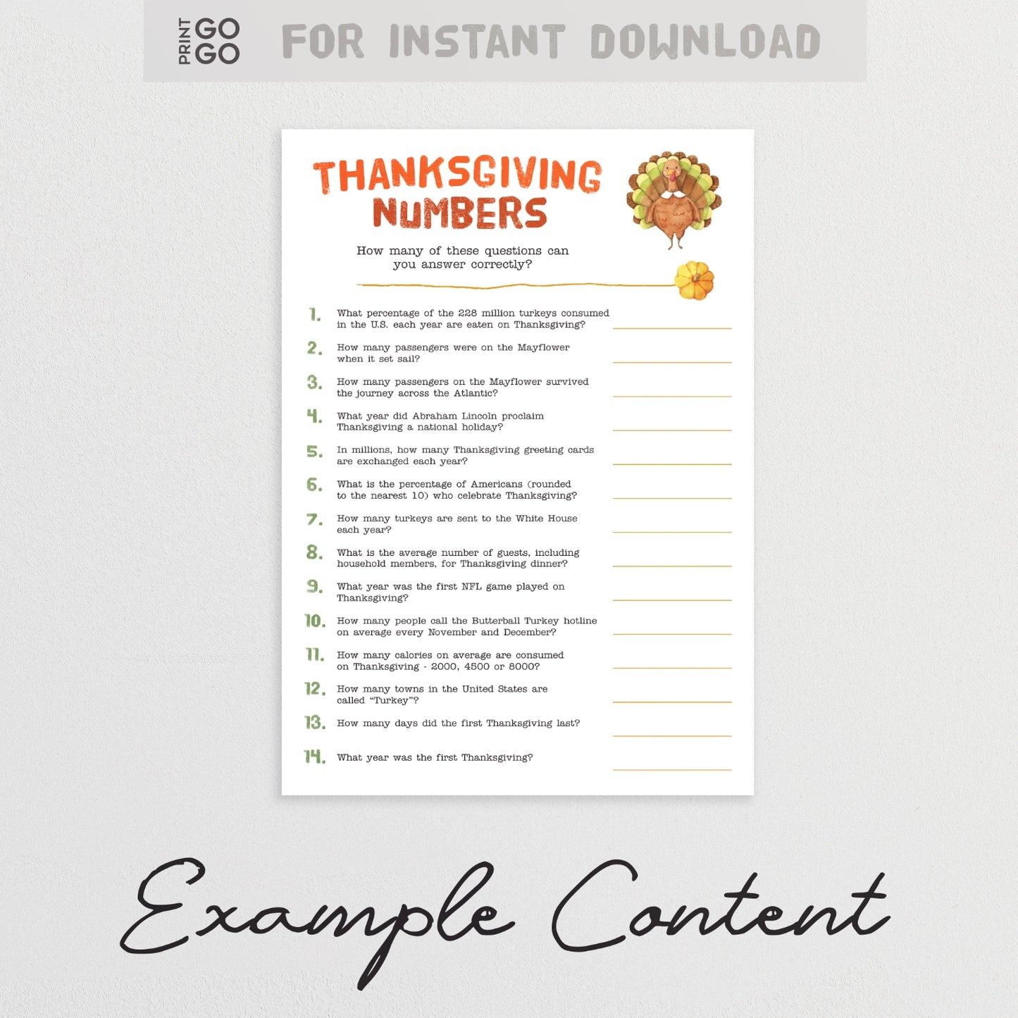 Printable Thanksgiving trivia quiz sheets for instant download.