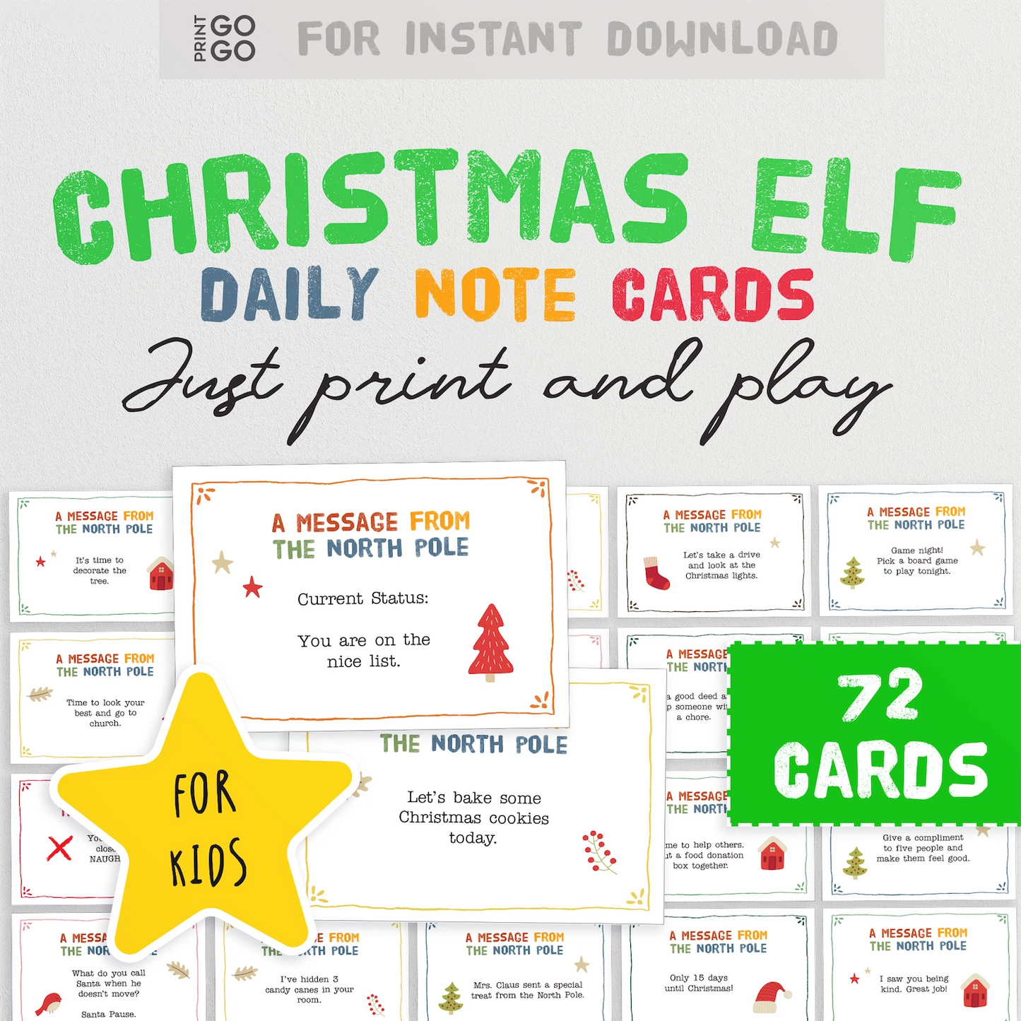 Christmas Elf Daily Note Cards with text 'Just print and play' on a white background