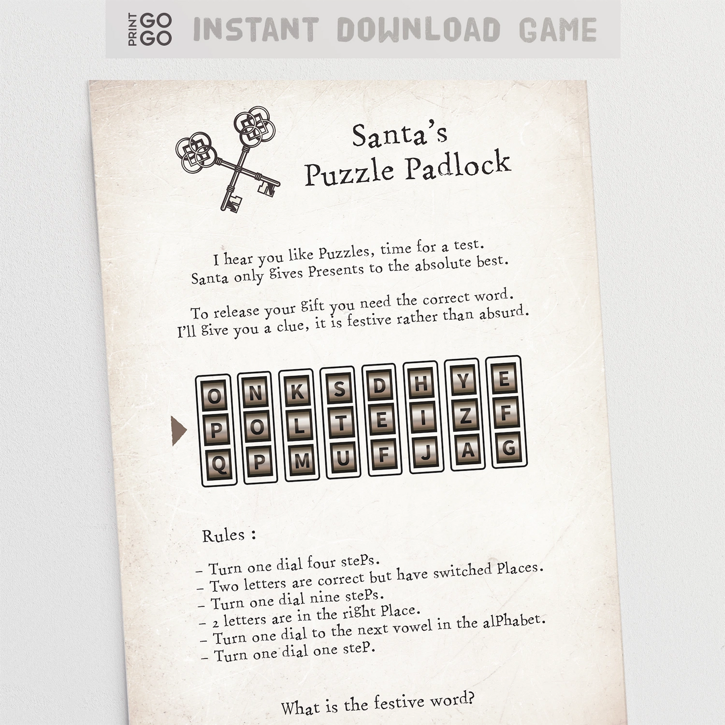 Santa's Puzzle Padlock game sheet with text and letter dials on a light gray background
