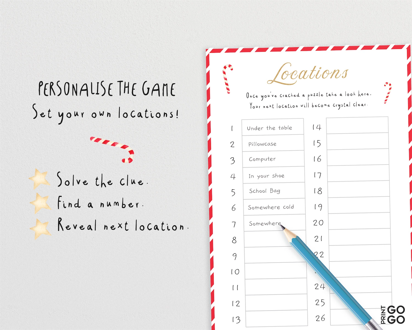 Game sheet with locations and a pencil on a white background