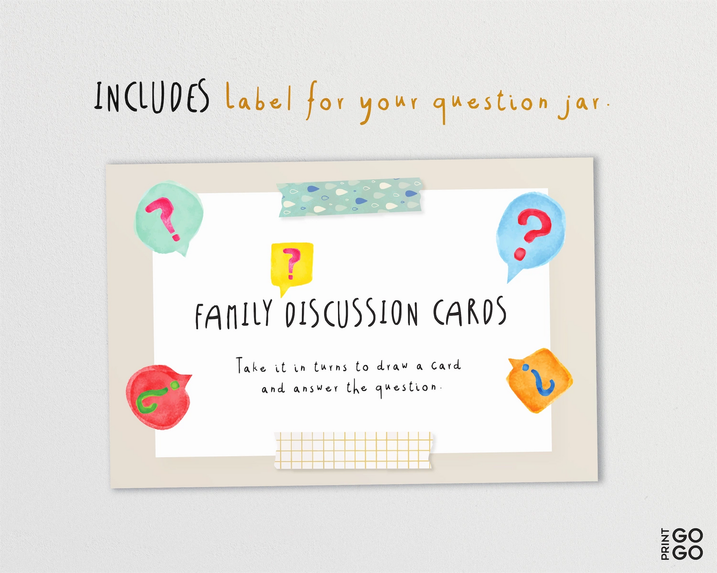Family discussion cards with colorful question marks and speech bubbles on a light gray background.
