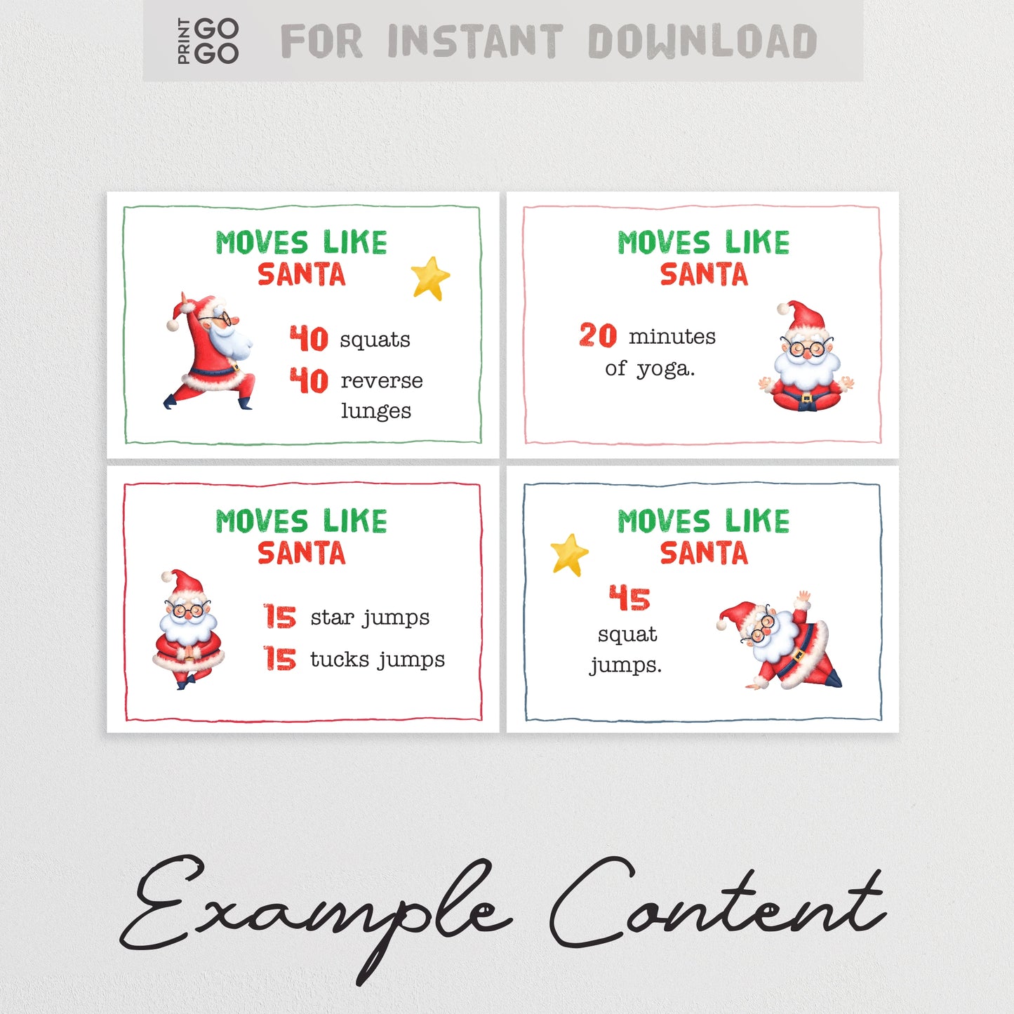 Four cards with Santa Claus illustrations and exercise instructions on a gray background.
