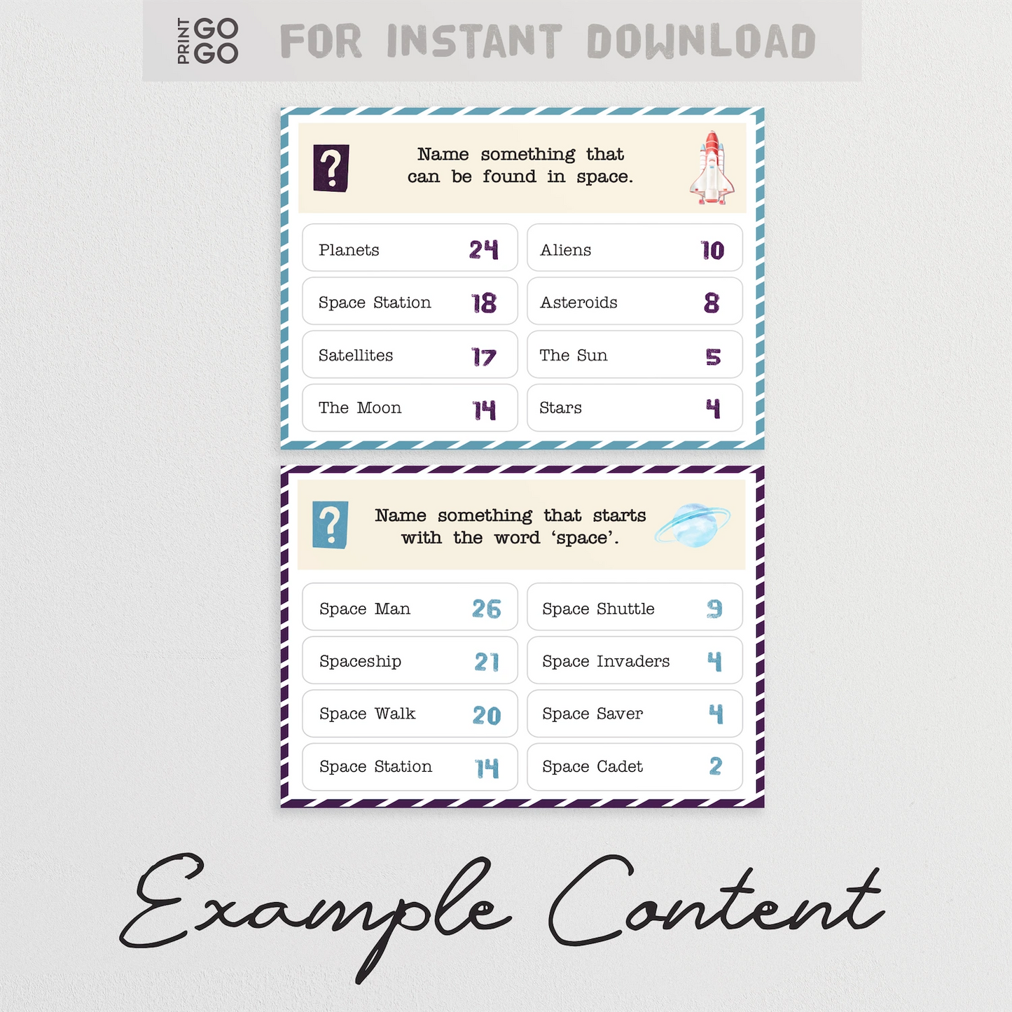 Example cards from instant download group game called Space Face-Off.
