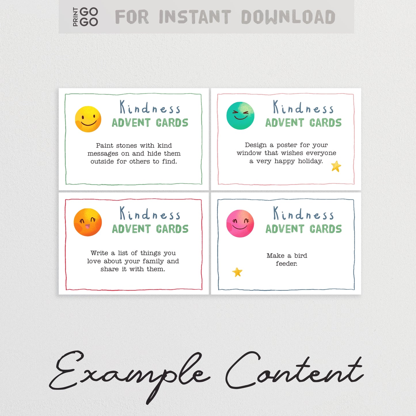 Kindness Advent Cards with colorful smiley face designs on a gray background