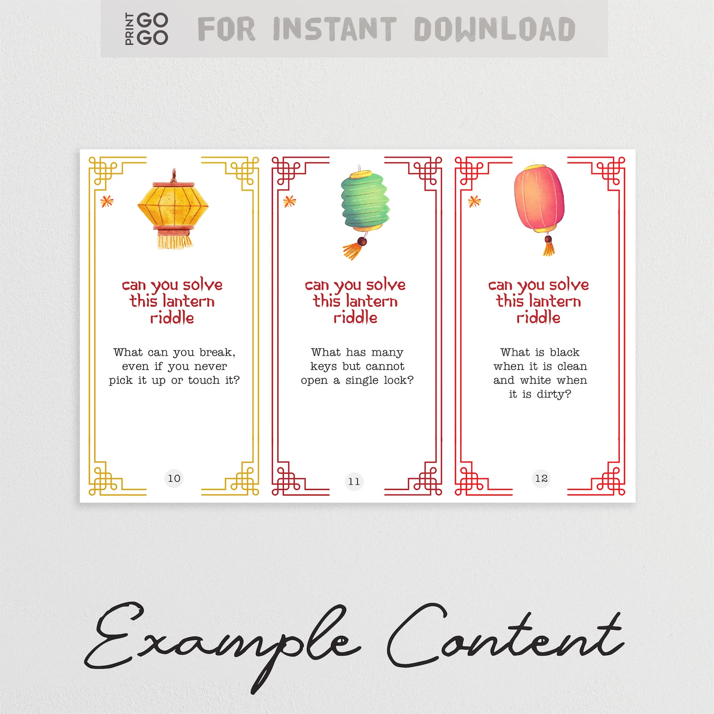 Three lantern riddle cards with colourful lantern illustrations ; an example of the content included in our Lantern Riddles printable game.