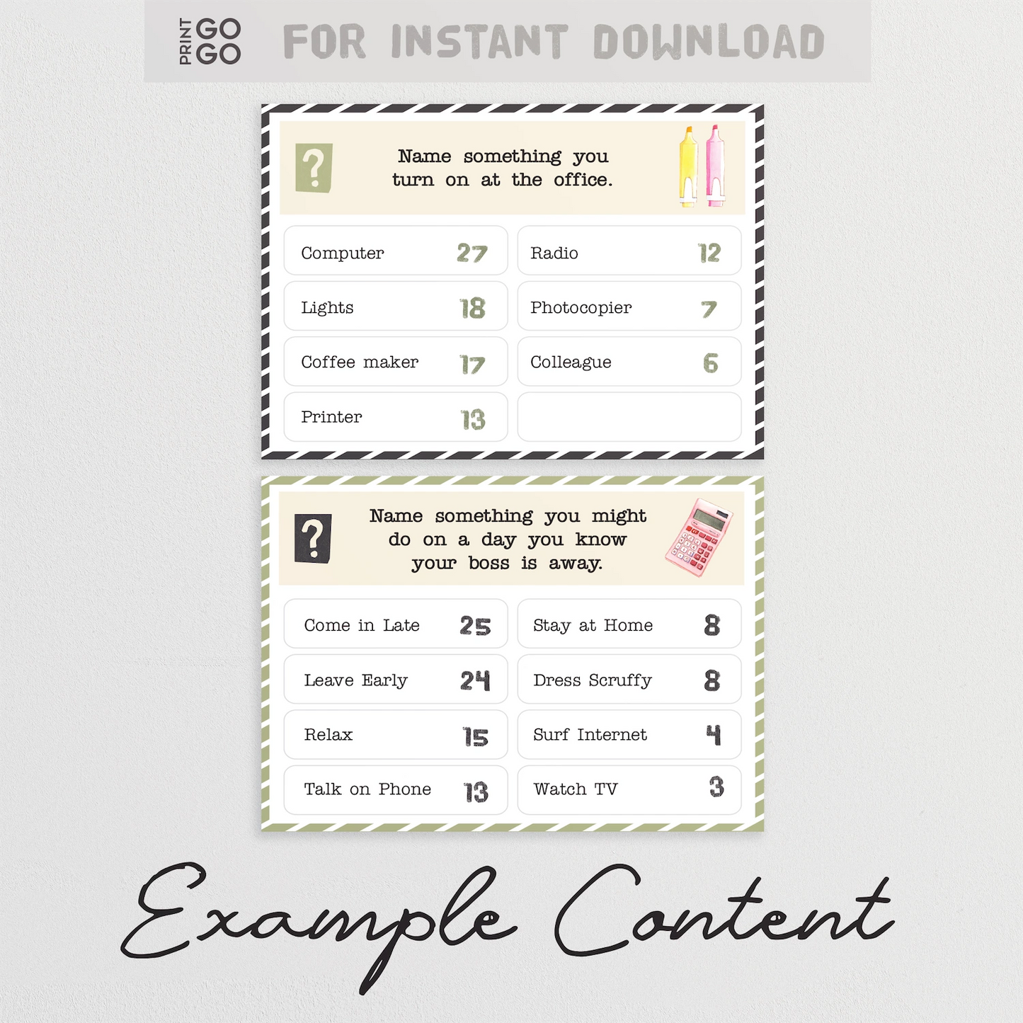 Two example question cards from instant download party game, Office Face-Off.