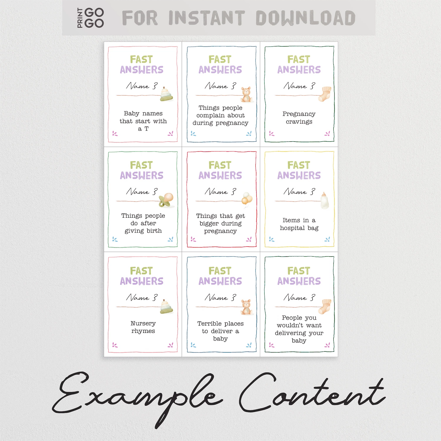 Example content for printable baby shower fast reaction word game.