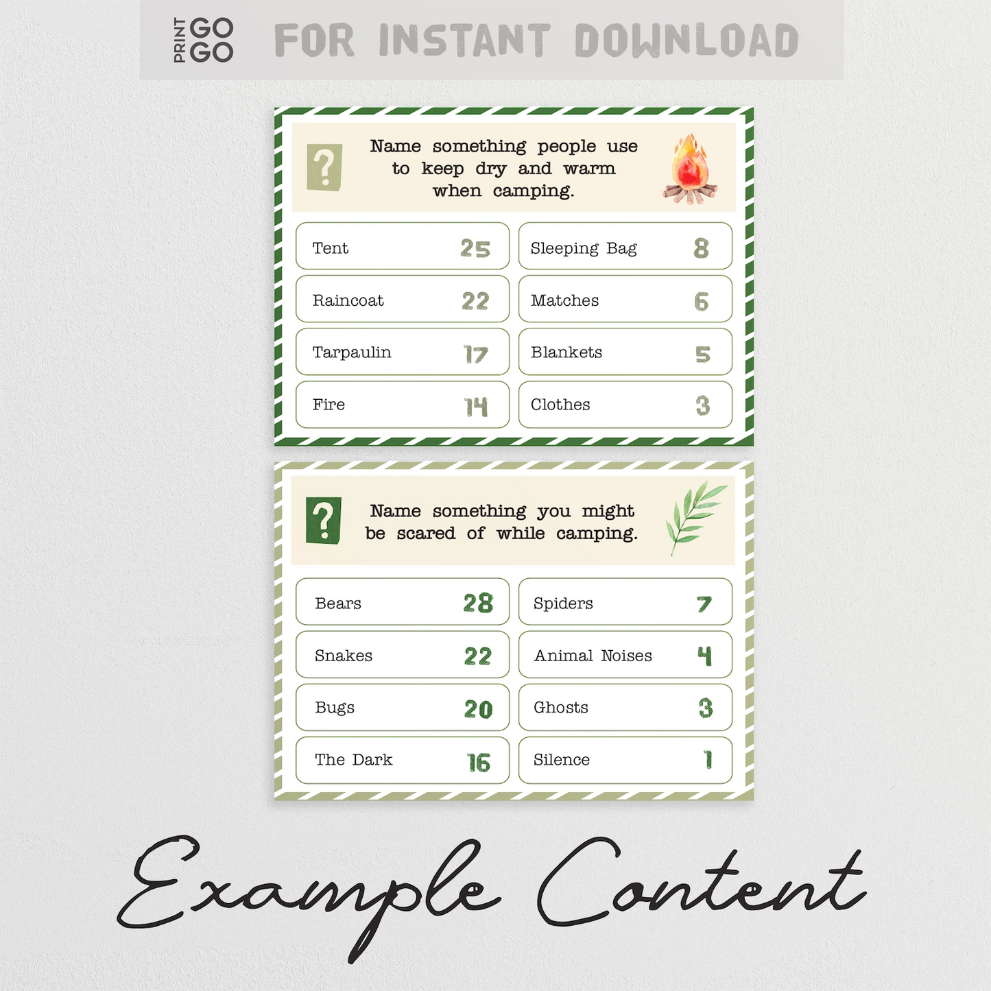 Printable campfire party game, Camping Face-Off content.