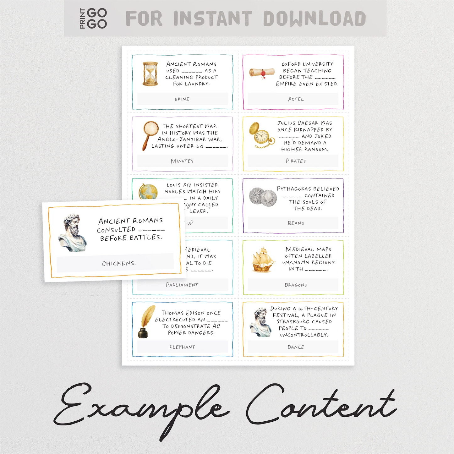 Example historical fact cards from printable party game The Final Word: History Edition; a trivia party game of completing missing words.