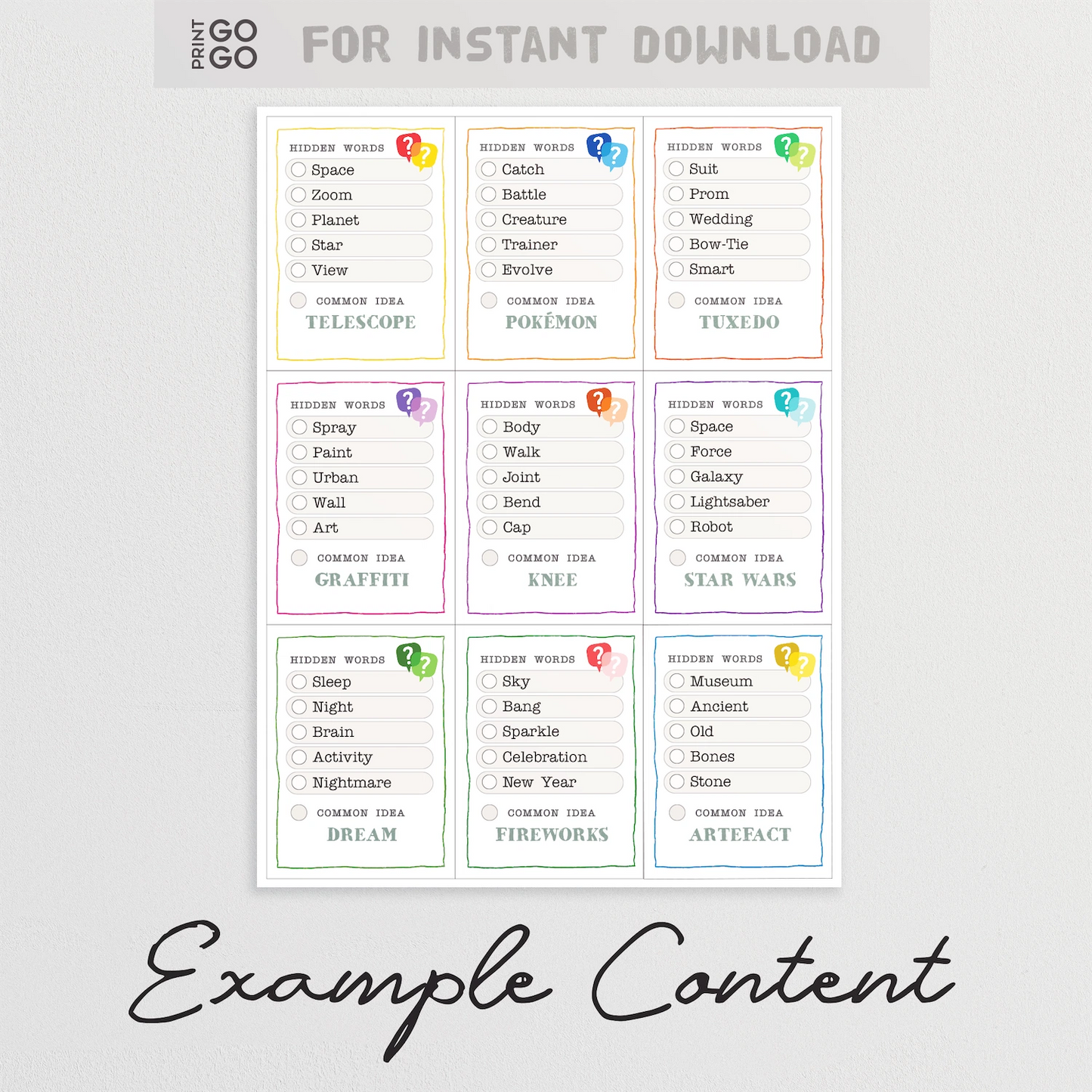 Example cards for printable family party game, Word Rush.