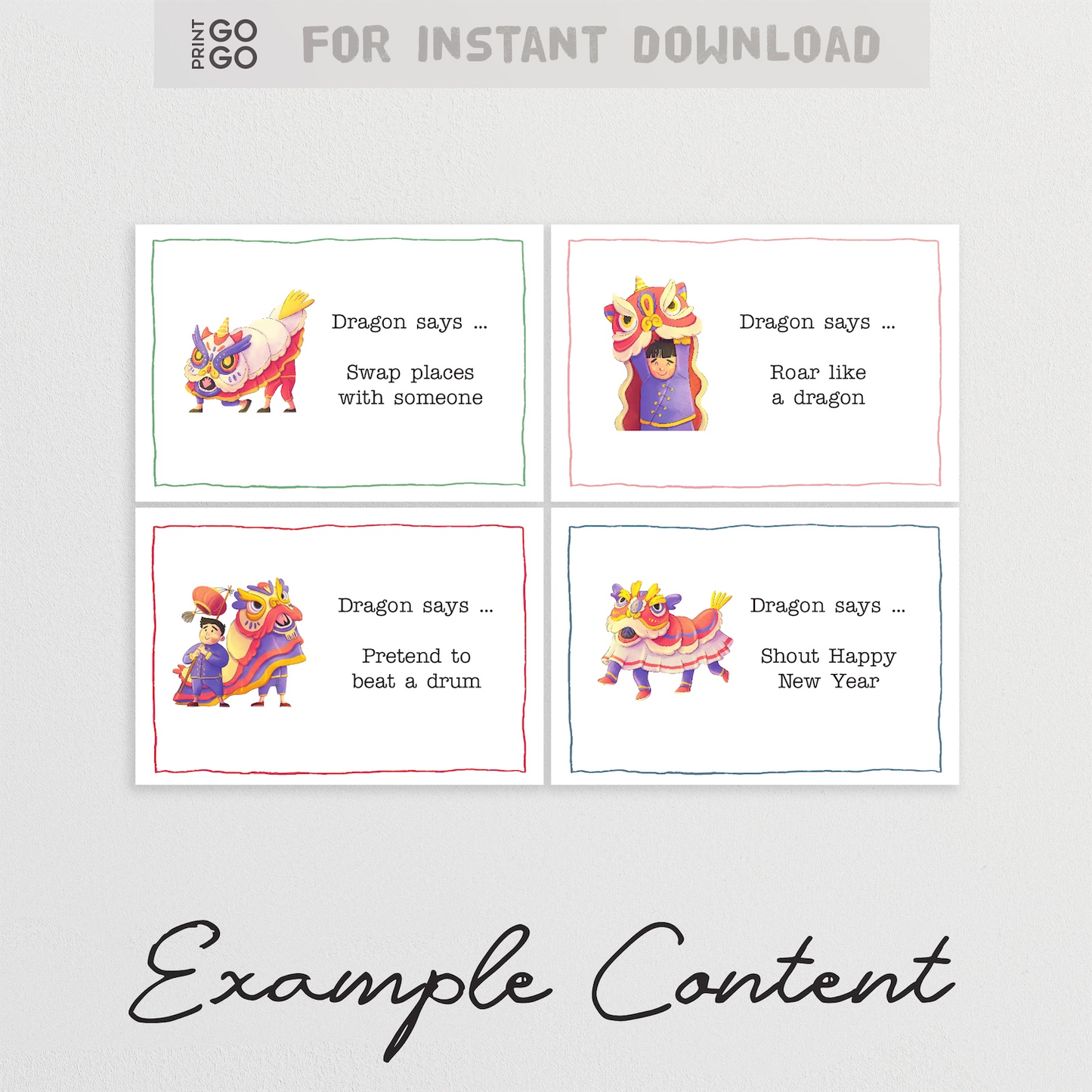 Example content for 'Dragon Says' a printable party game for Lunar New Year based on 'Simon Says'.