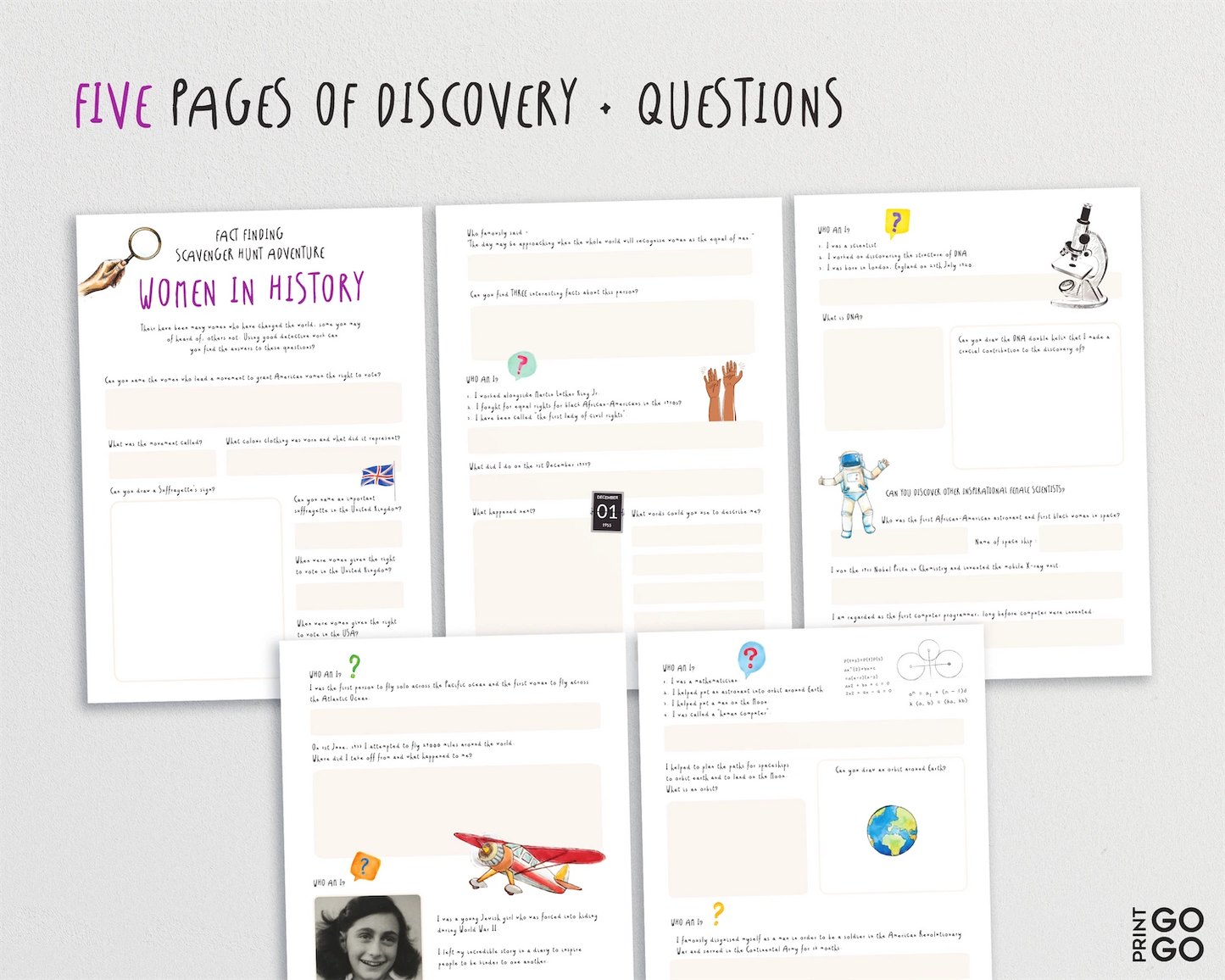 Five pages of educational content on a white background with text 'Five Pages of Discovery + Questions'.