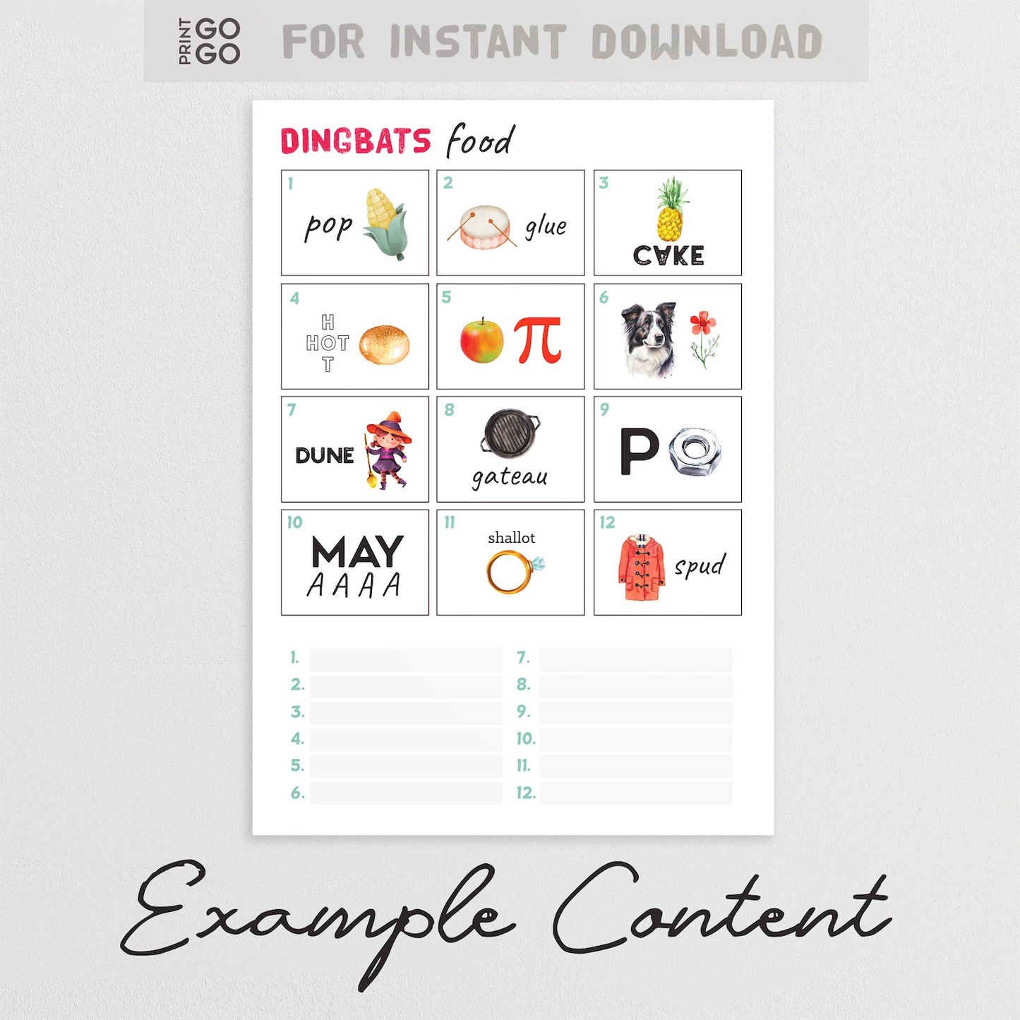 Sheet of printed Dingbats Food characters with various food-related images on a light gray background.
