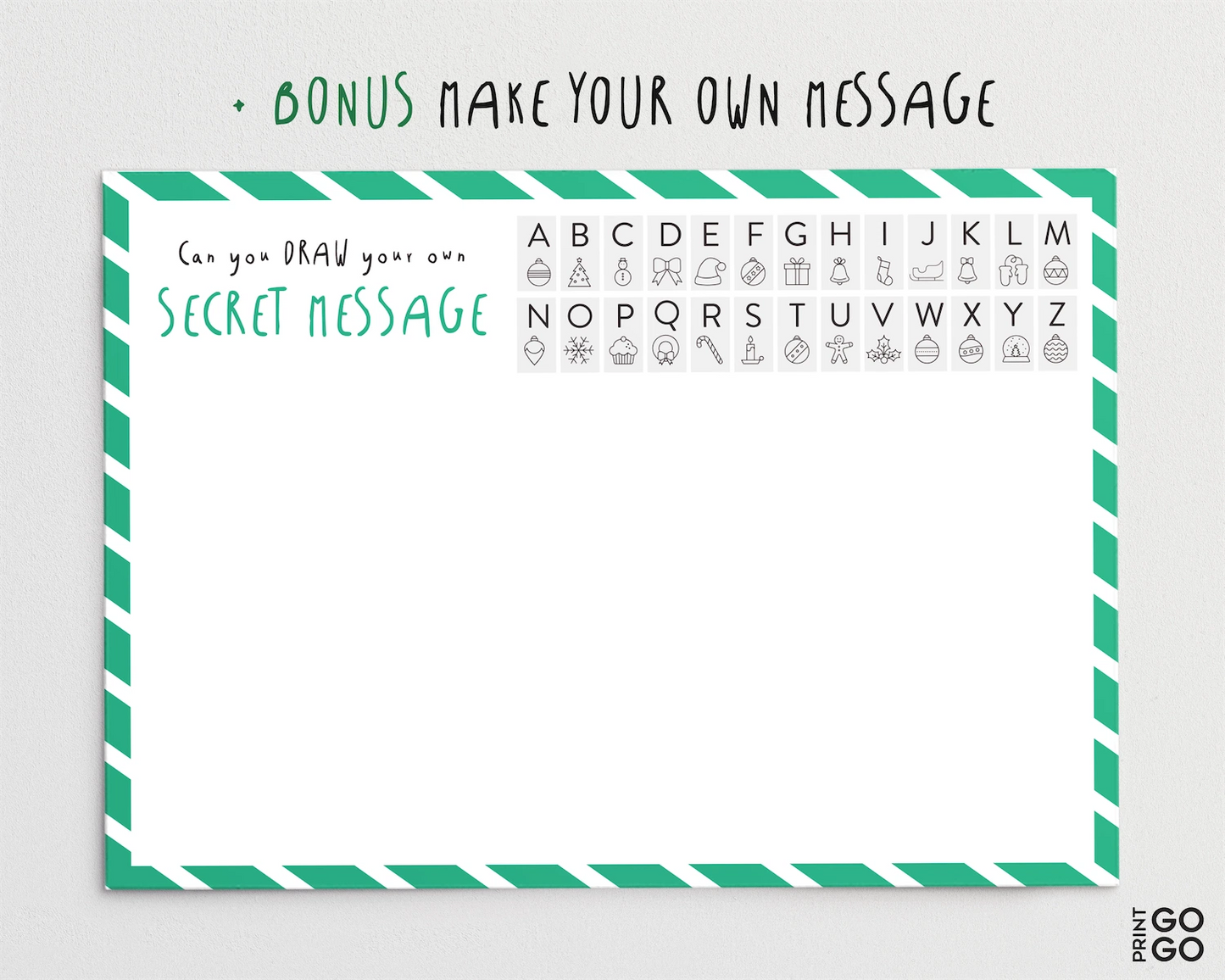 Example elf coded alphabet sheet for kids.