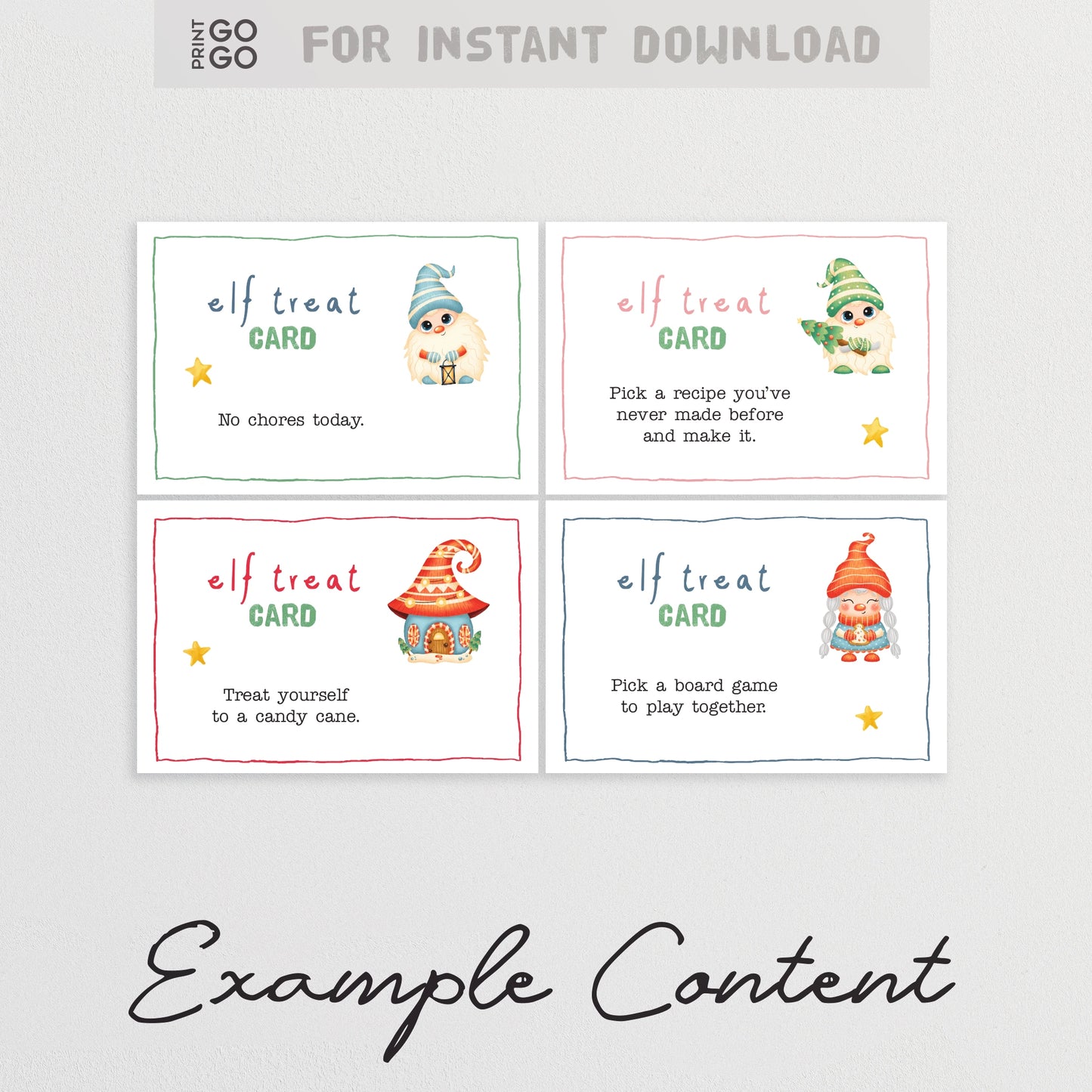 Four elf-themed cards with example content on a light gray background