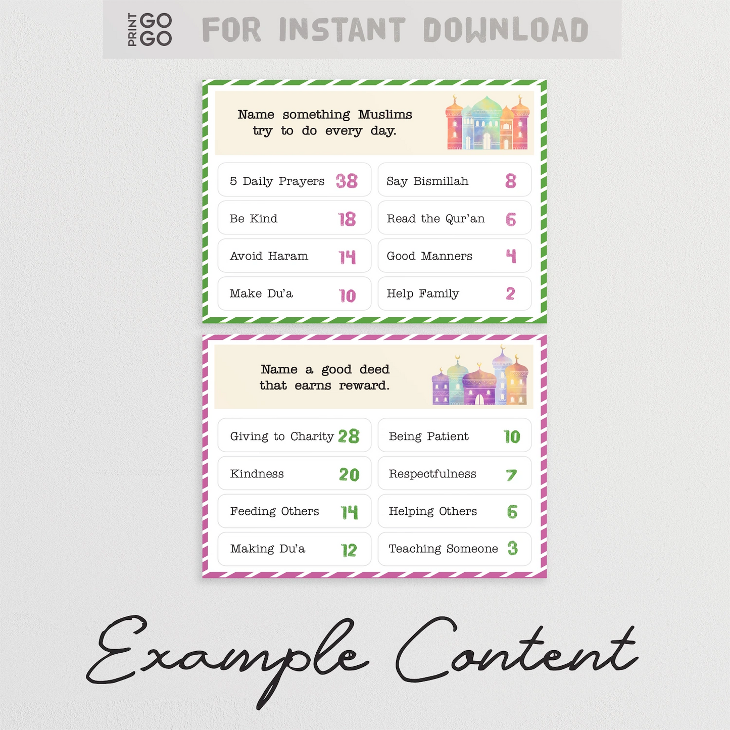 Example cards for 'Ramadan Face-Off' game with cards and text on a light gray background