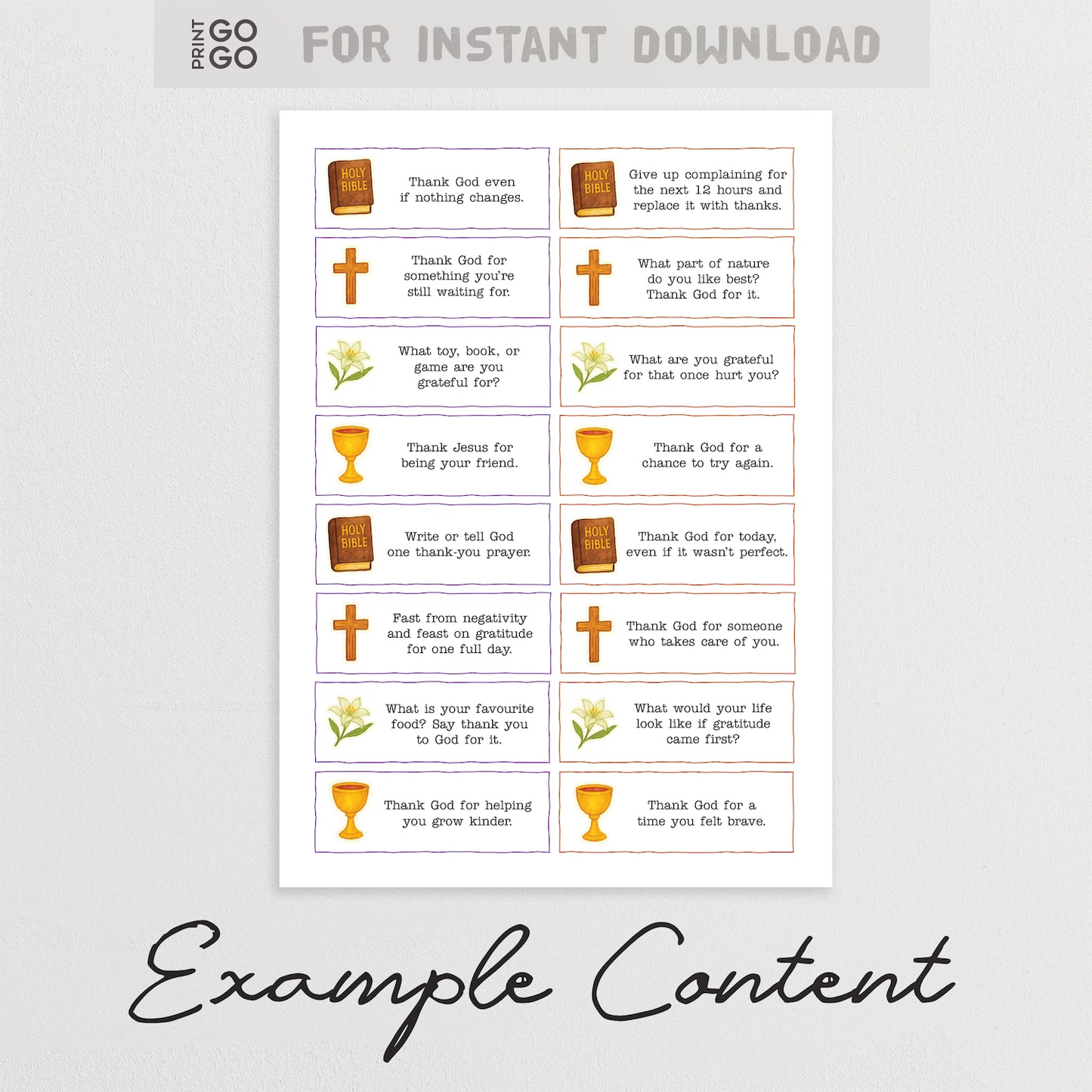 Lent gratitude prompts sheet with religious illustrations on a white background