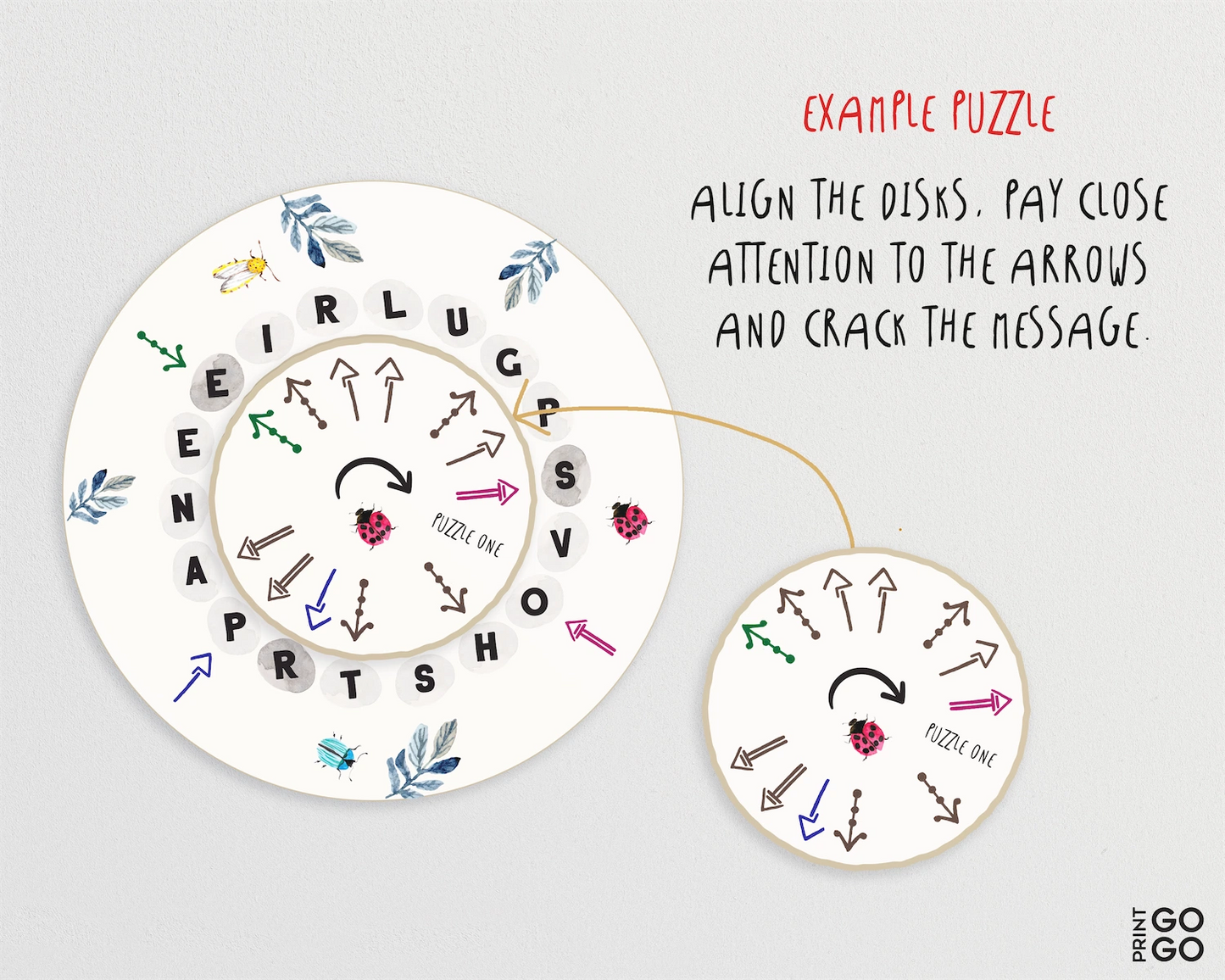 Puzzle with disks and arrows on a white background