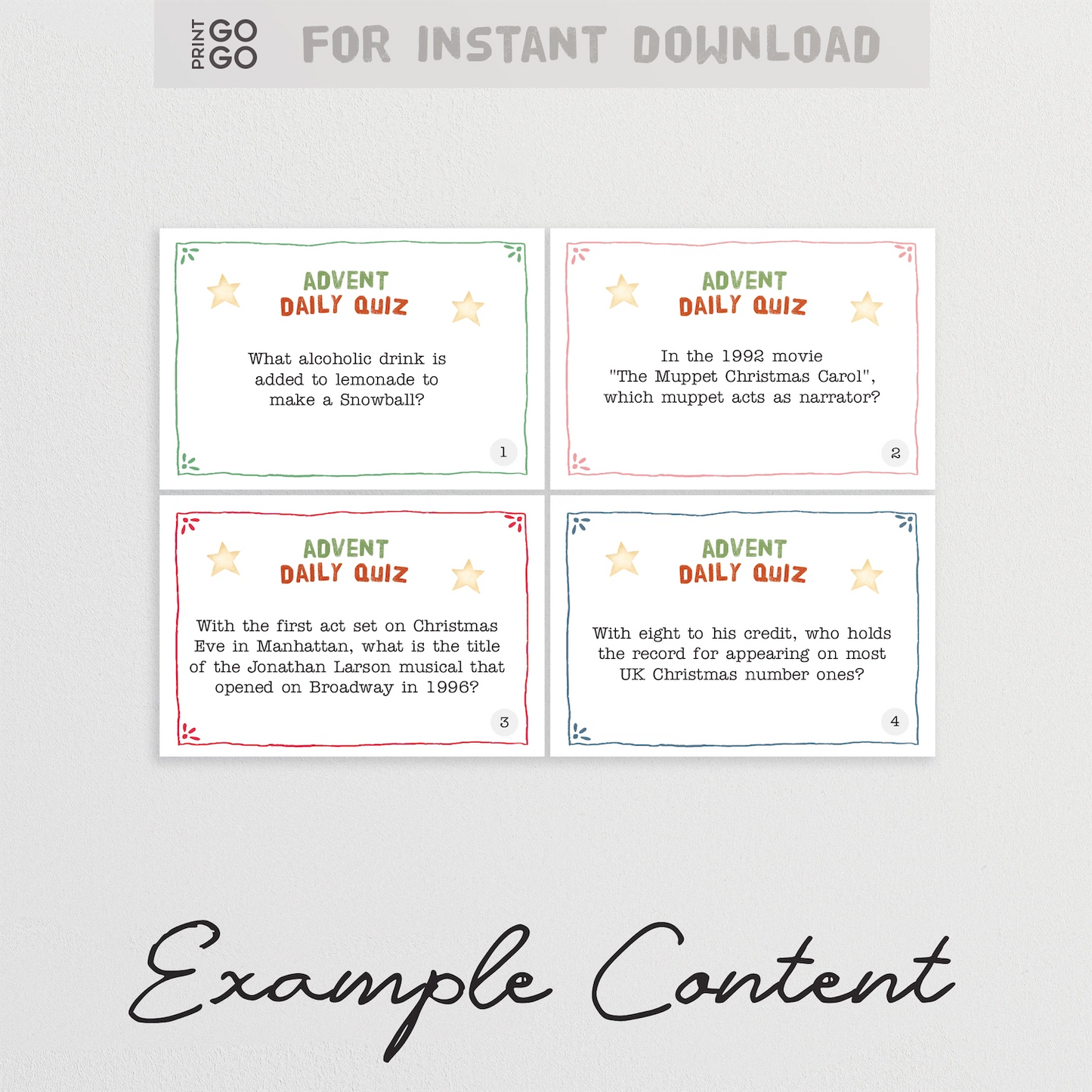 Four example Advent trivia quiz cards, for instant download and printable at home.