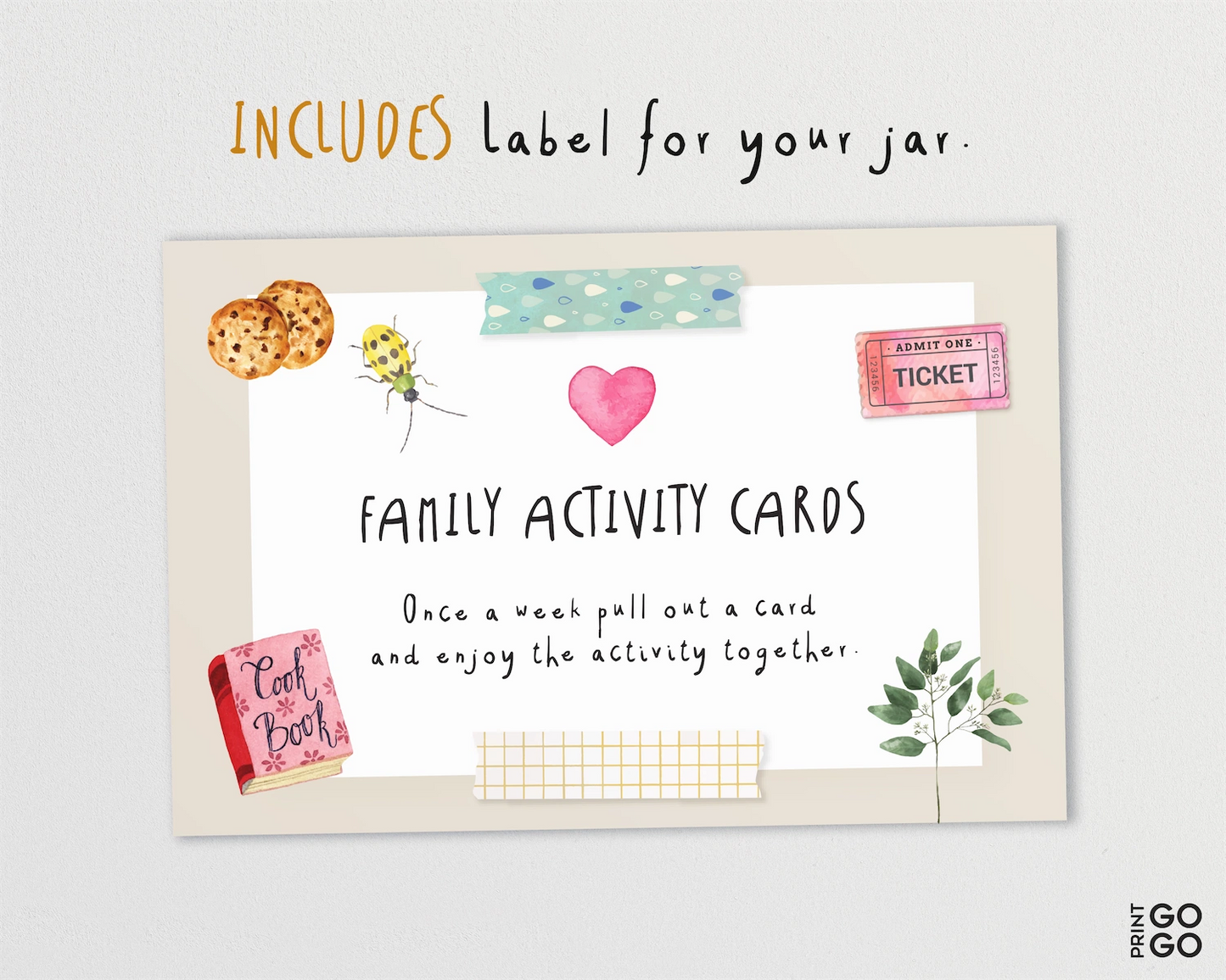 Family activity cards with colorful illustrations and text on a white background