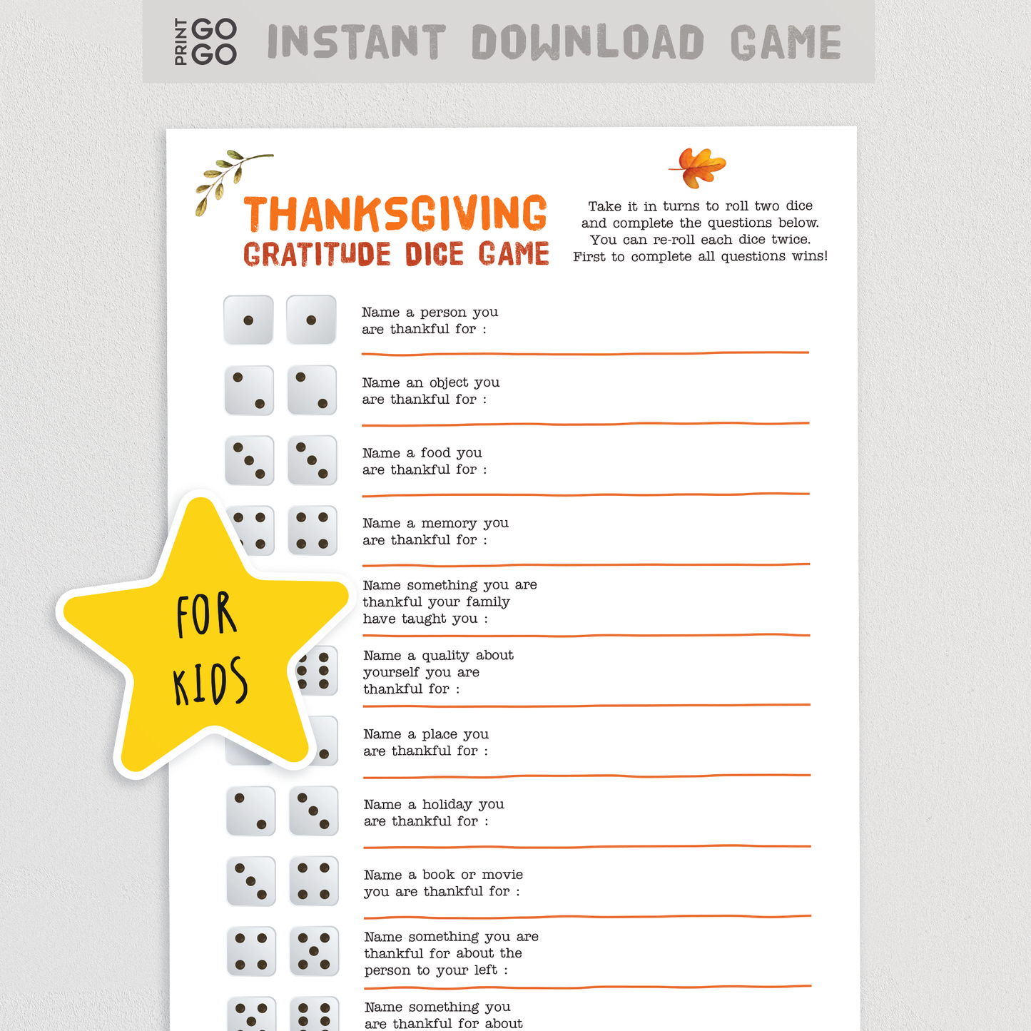 Thanksgiving Gratitude Dice Game