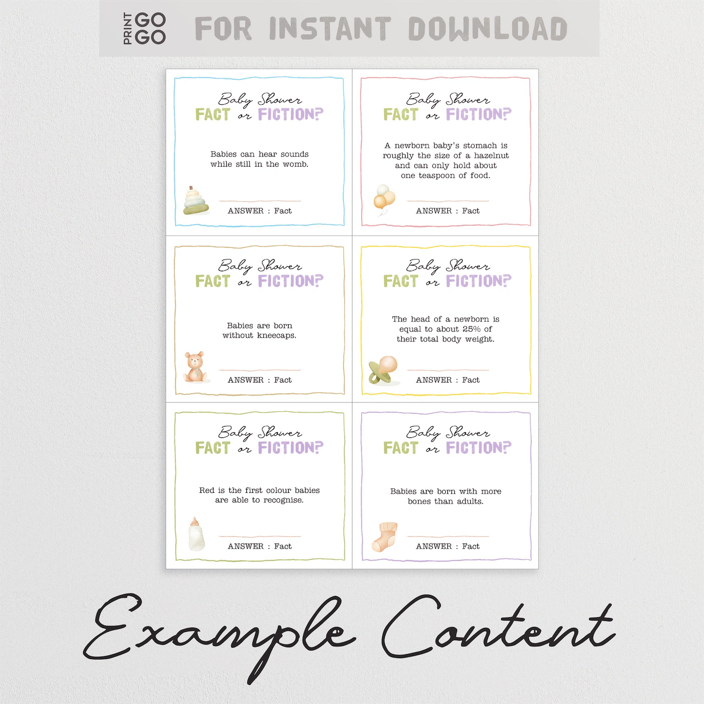 Example baby shower true or false trivia cards.