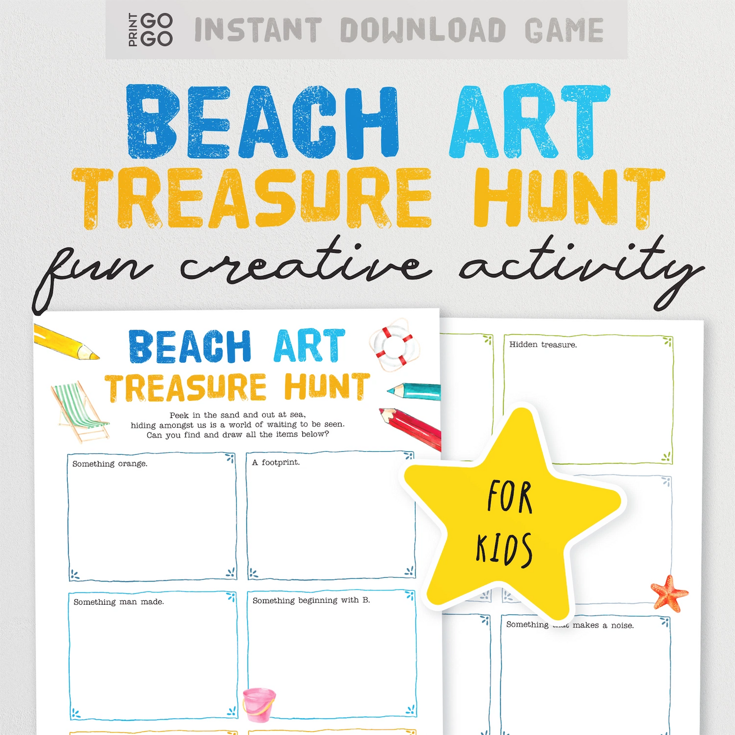 Beach Art Treasure Hunt game for kids with printable sheets and a yellow star graphic.