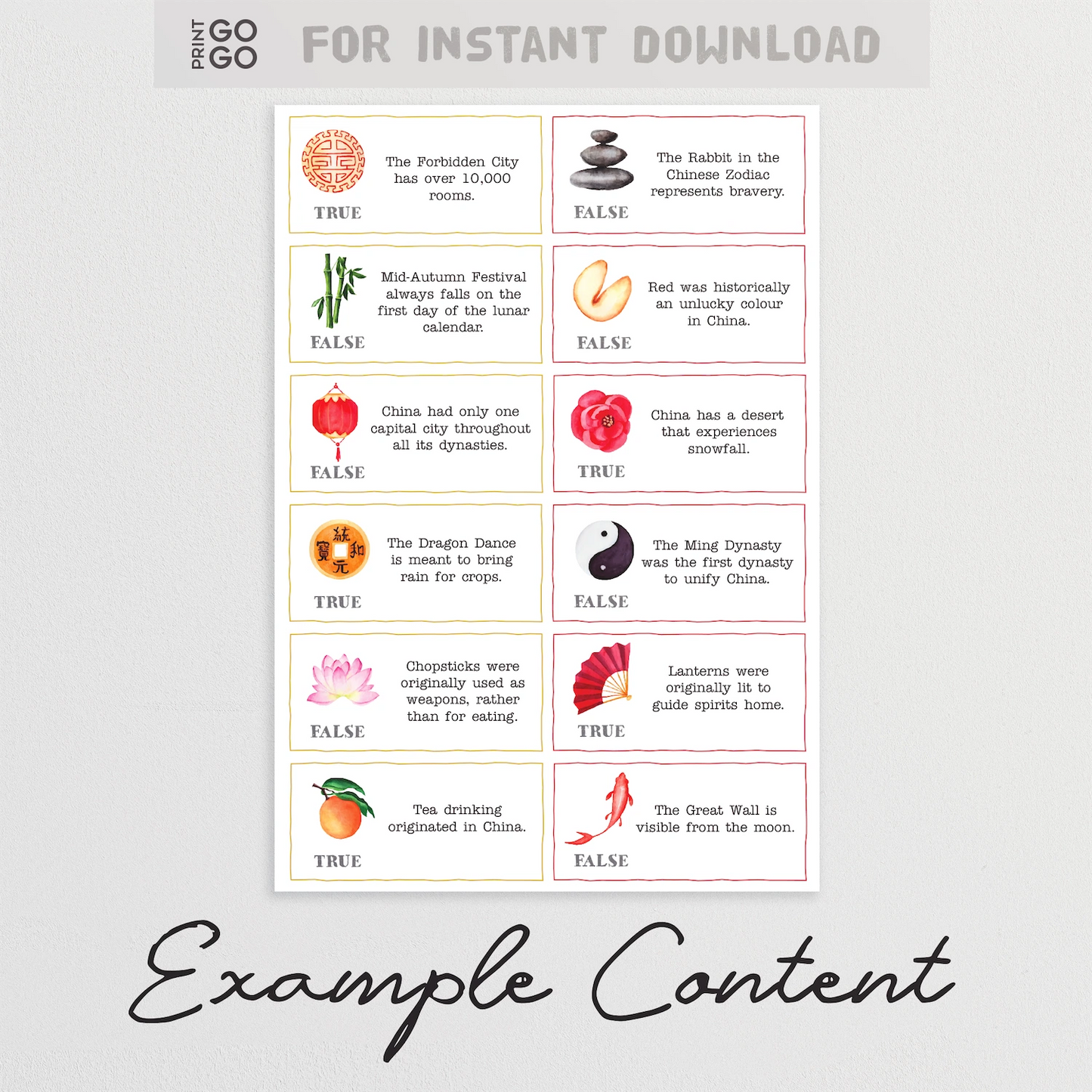 Sheet of trivia cards with colorful icons and text on a light gray background