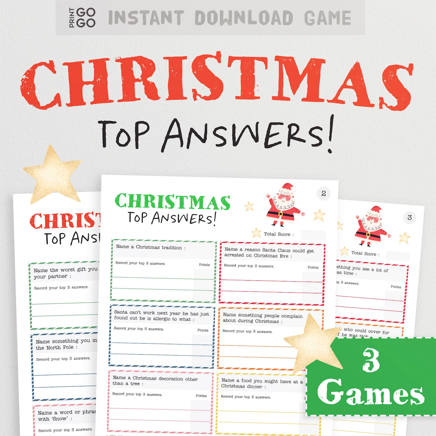 Printable Christmas family survey style party game called 'Top Answers'.