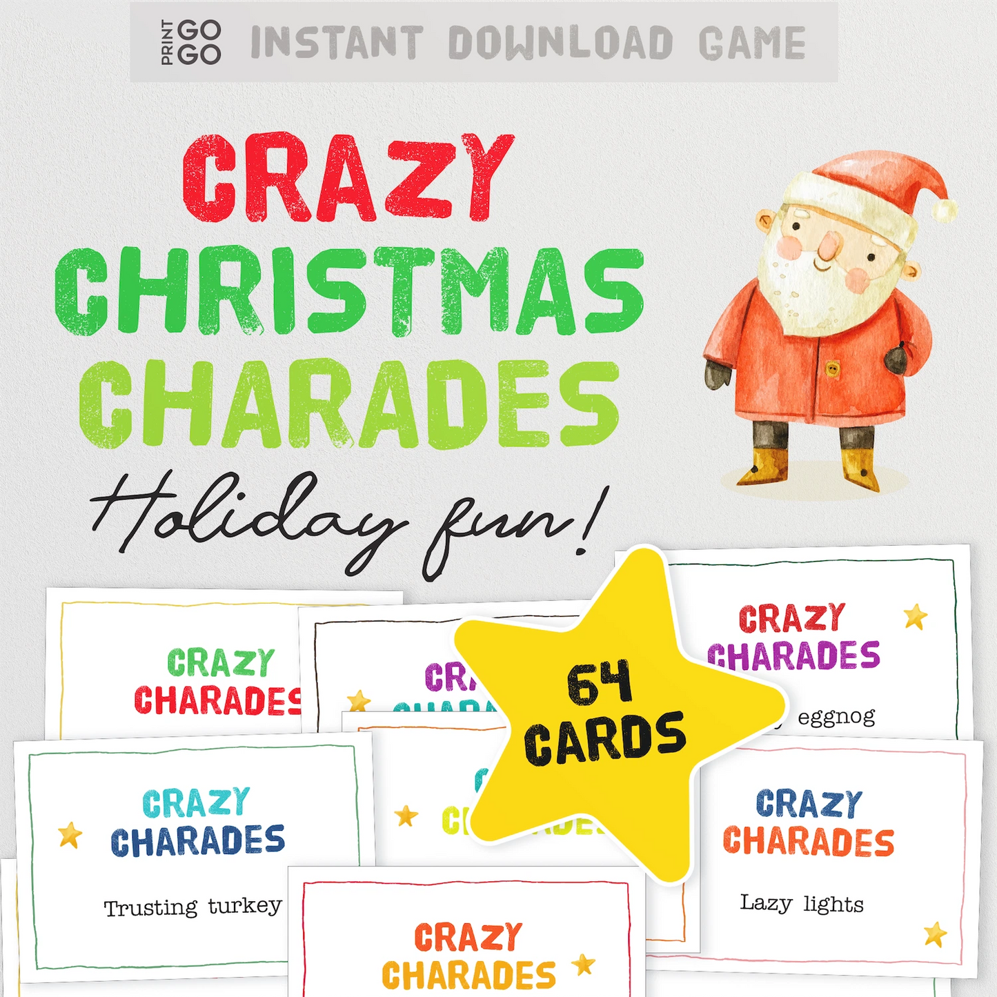 Cover of 'Crazy Christmas Charades' game with Santa Claus illustration and card samples.