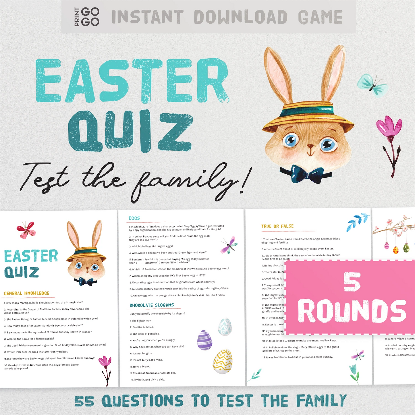 Easter quiz game with cartoon rabbit and text on a white background