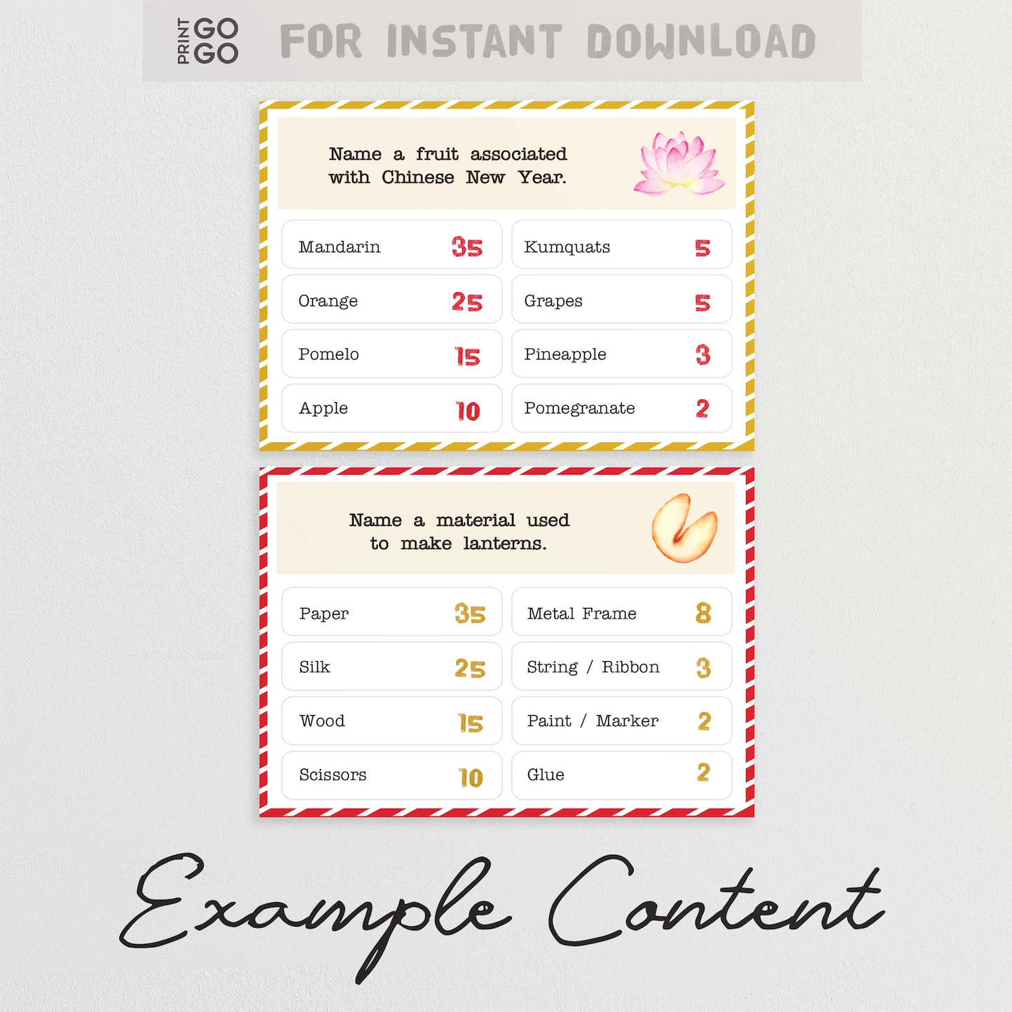 Example cards from Lunar Face-Off team party game, showing quiz question and answers.