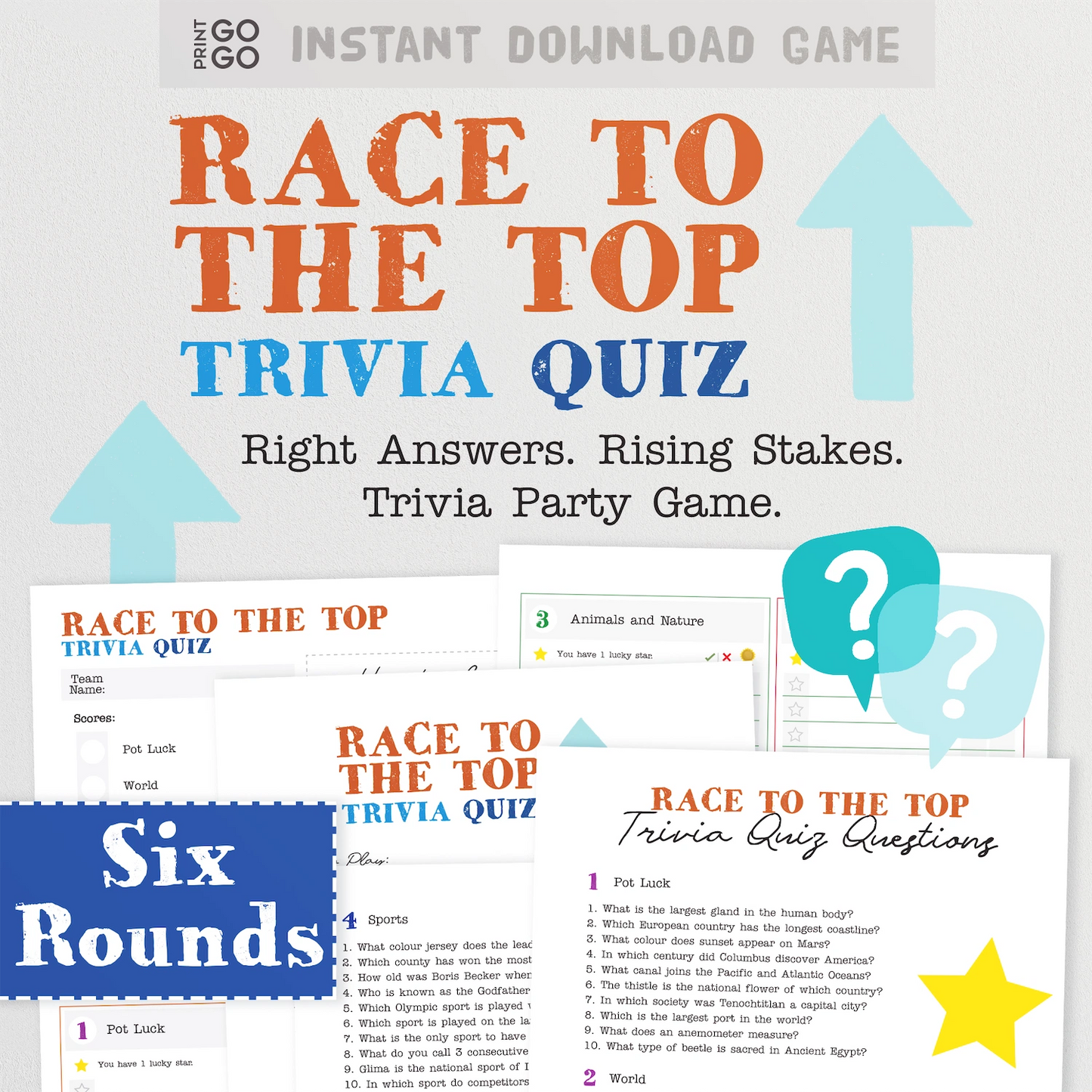 Printable Race to the Top Trivia Quiz game - example content of the six rounds shown.
