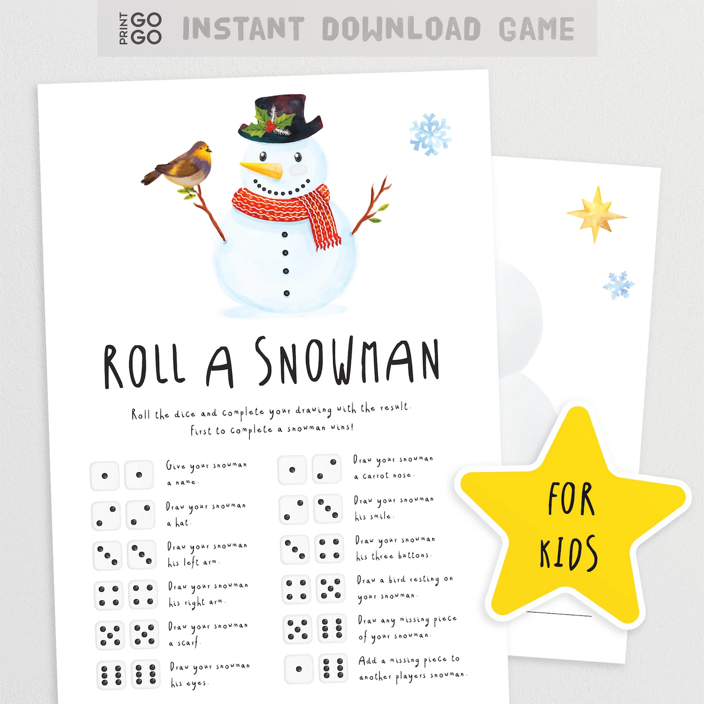 Game sheet titled 'Roll a Snowman' for kids with a snowman illustration and text.