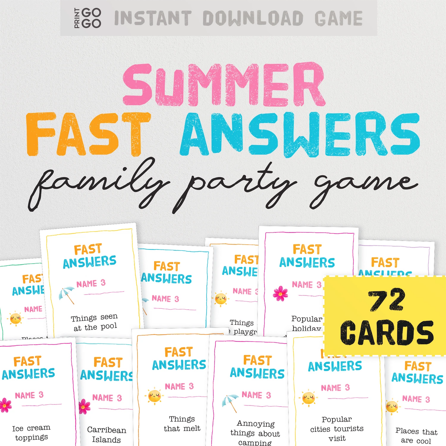 Summer Fast Answers family party game with 72 cards on a light gray background
