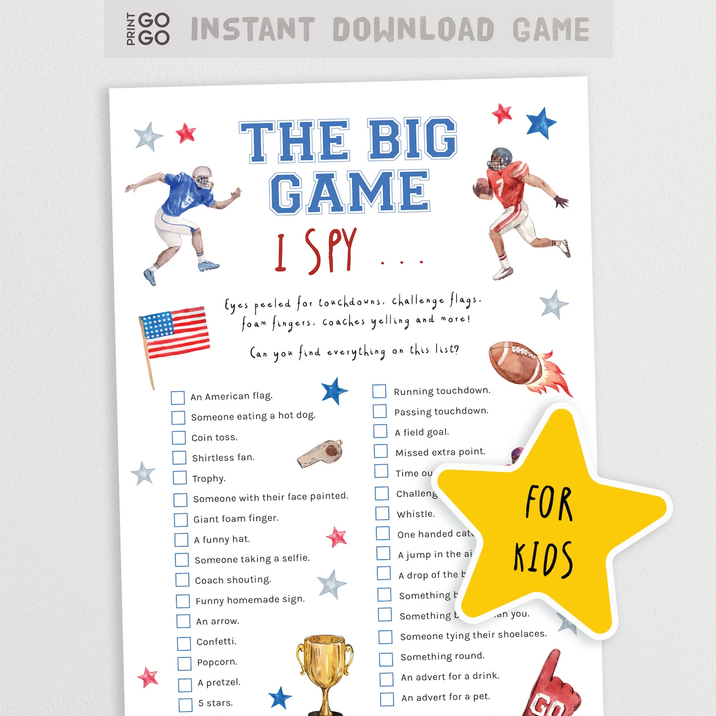 Children's 'I Spy' game sheet for Super Bowl sports-themed event with players and American flag on a white background.