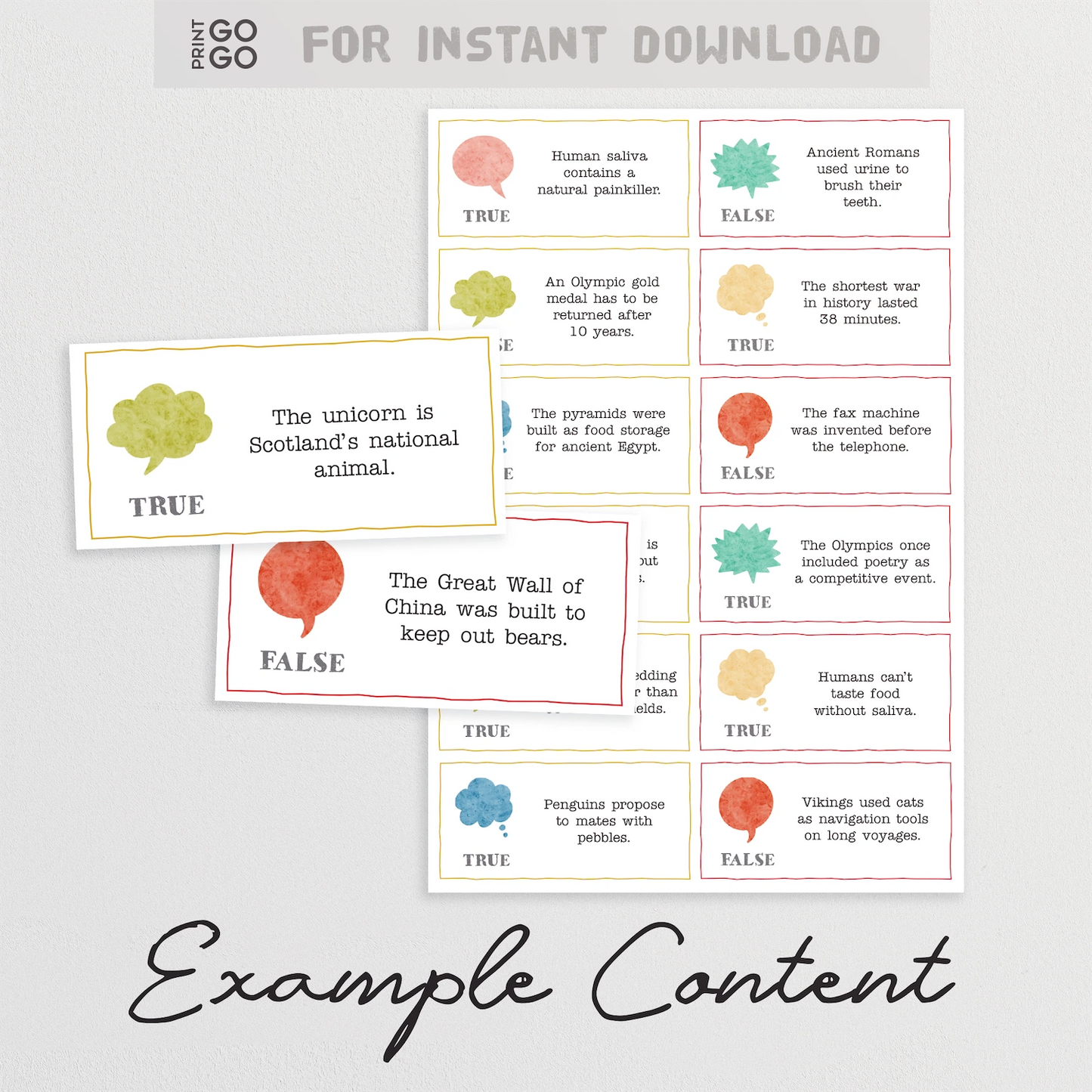Educational flashcards with true/false questions and colorful icons on a light gray background.