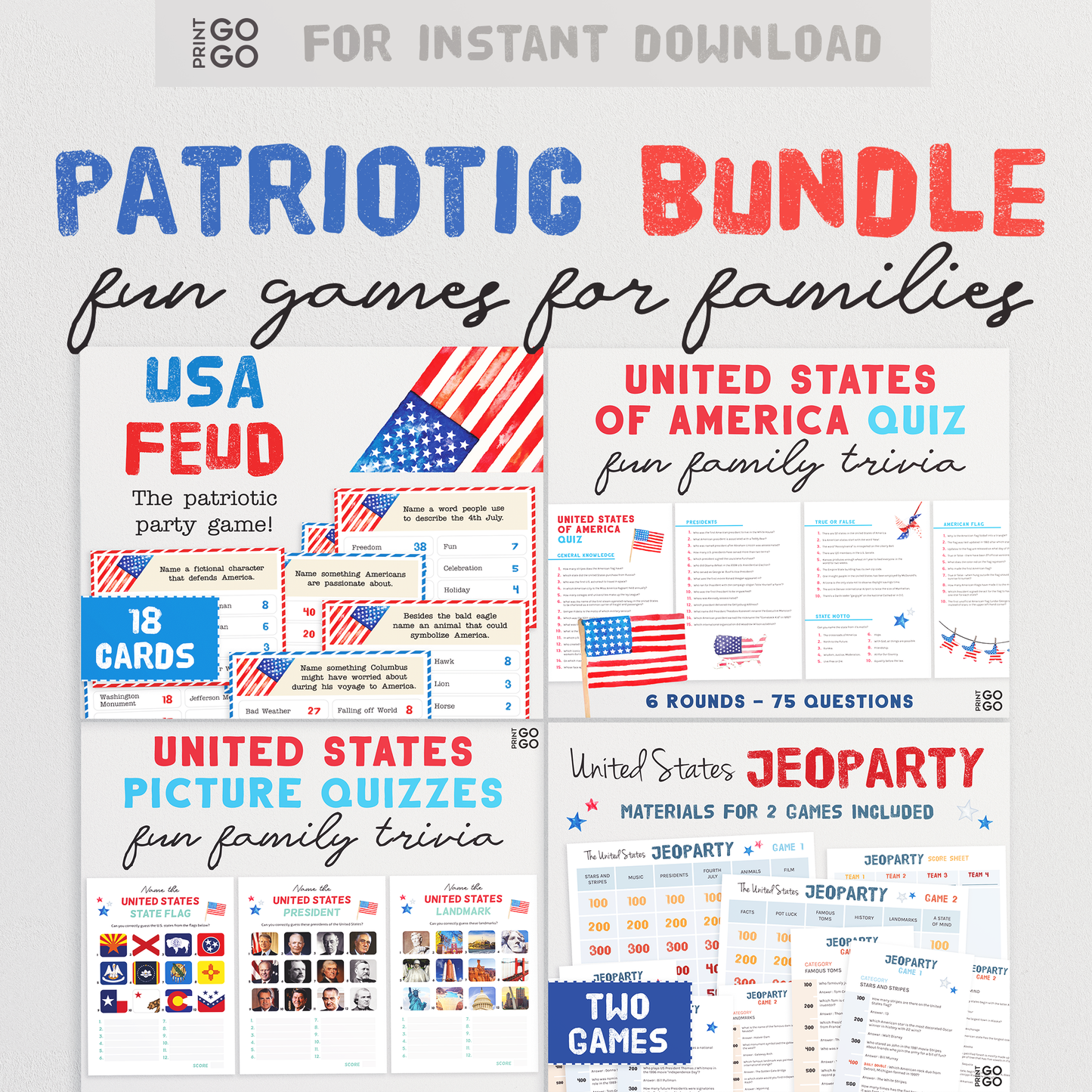 USA Patriotic Game Bundle - Four Fun Printable Games To Test Your Family