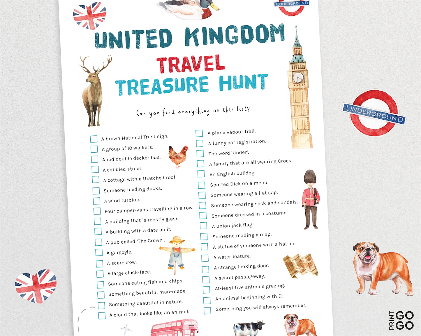 United Kingdom travel treasure hunt sheet with illustrations and text on a white background
