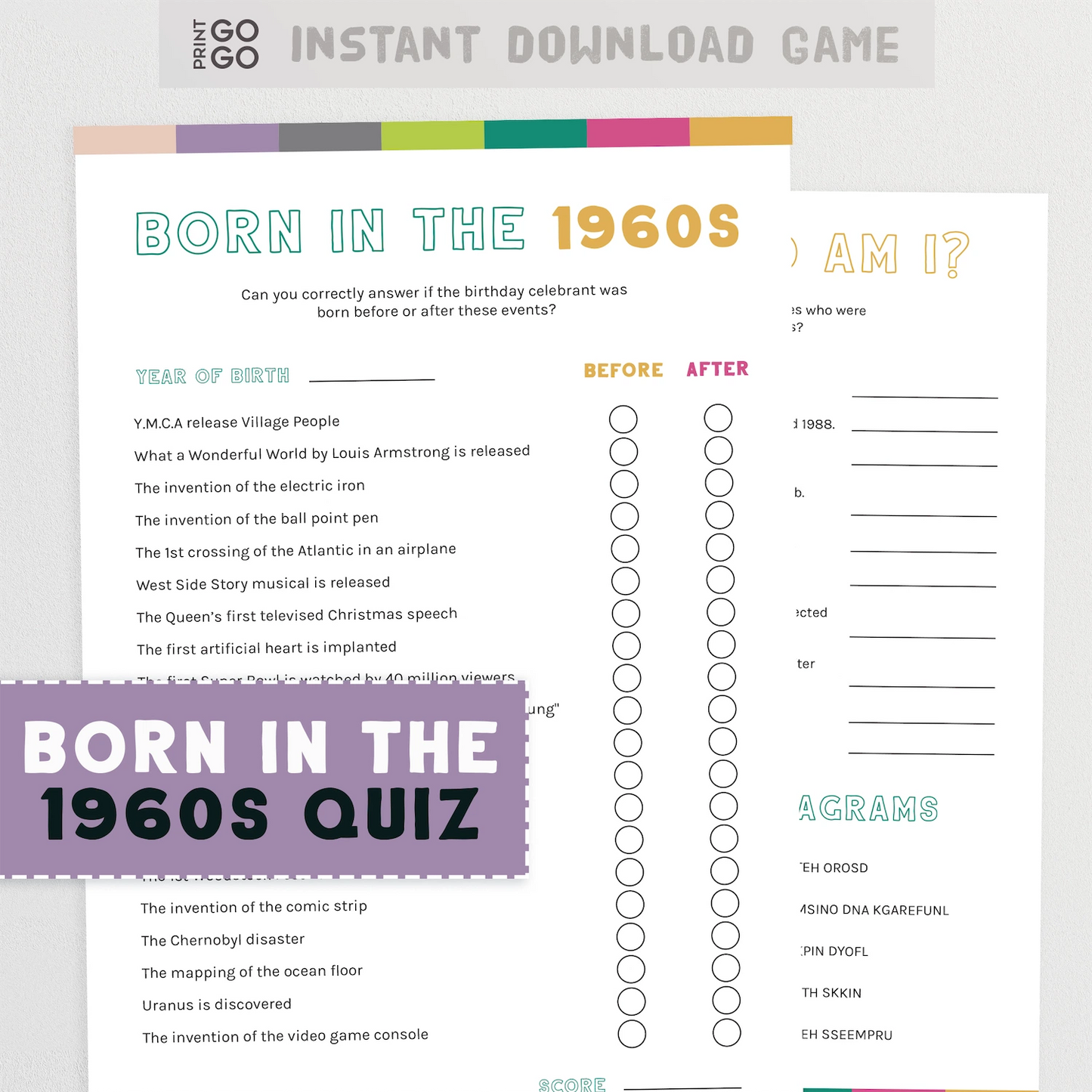 Quiz titled 'Born in the 1960s' with event questions and timeline on a white background.