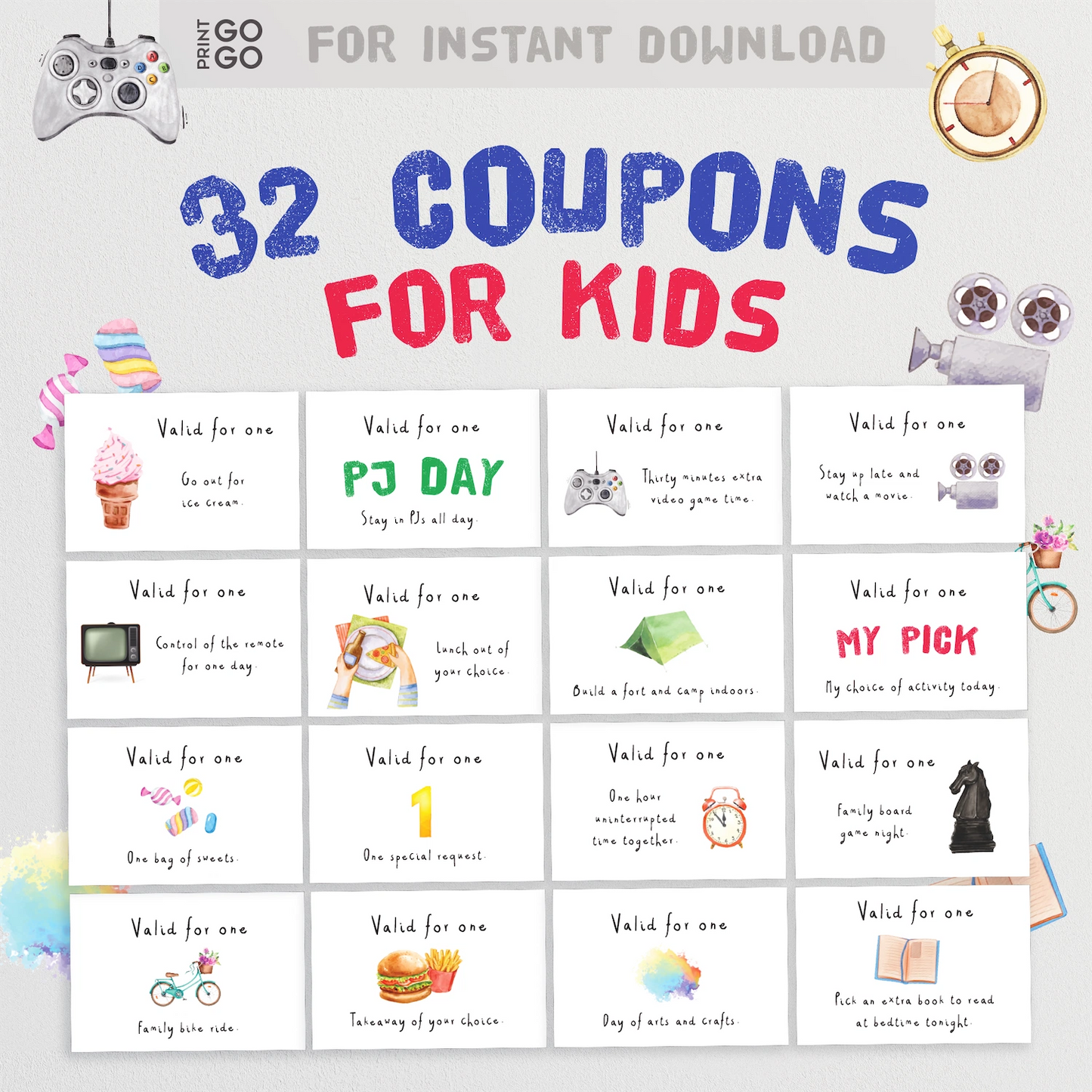 Instant download coupons for kids - illustrated cards and activity ideas for a budget friendly gift.