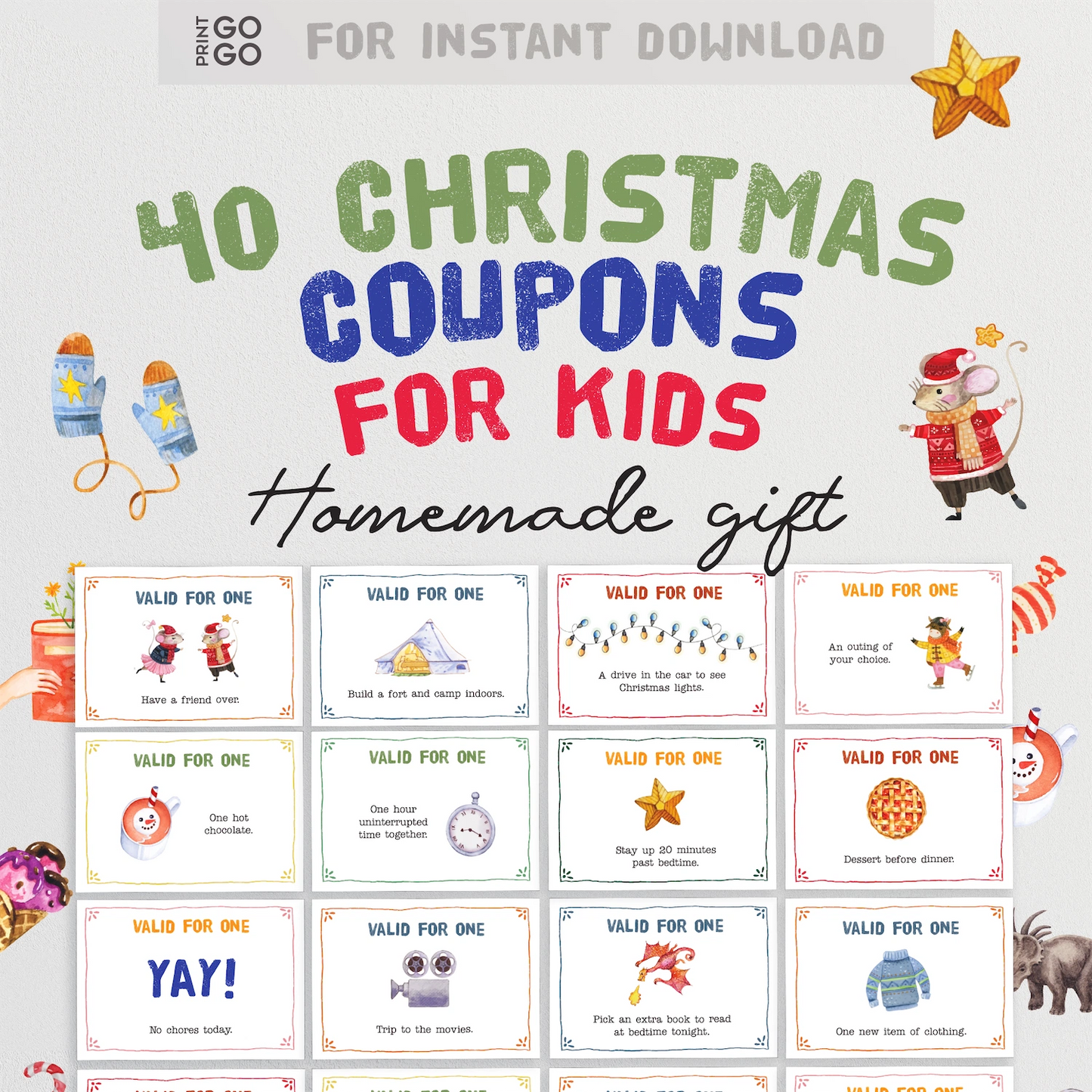 Set of instant download Christmas coupons for kids with cartoon illustrations and fun daily prompts.