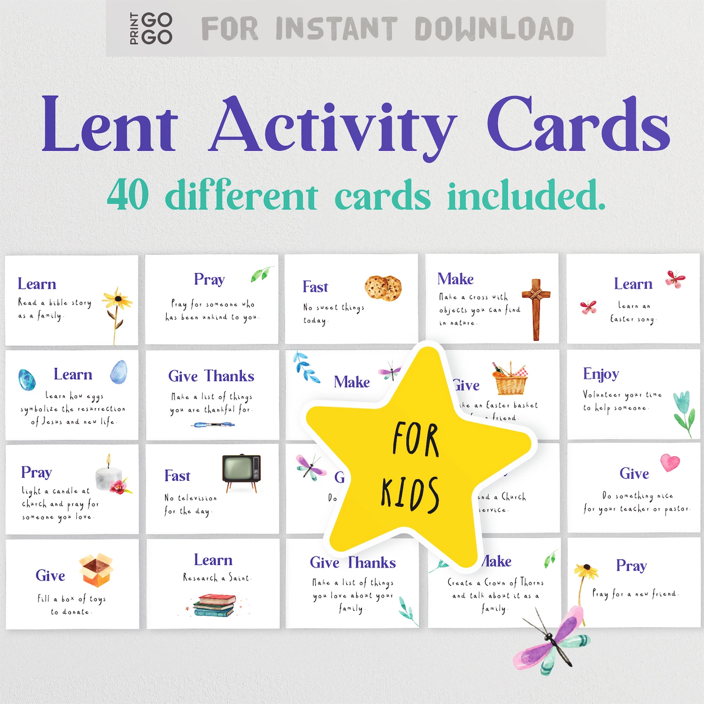 Lent Activity Cards for kids with a yellow star and text indicating 40 different cards included.