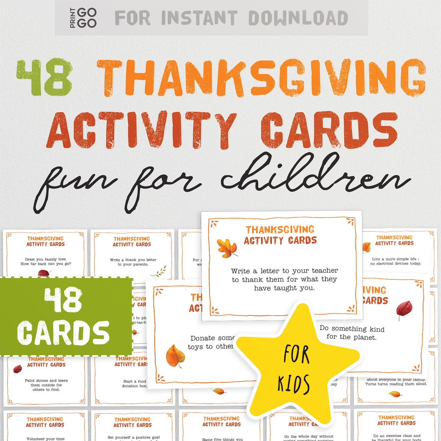 Thanksgiving activity cards for children with text and star graphic on a white background