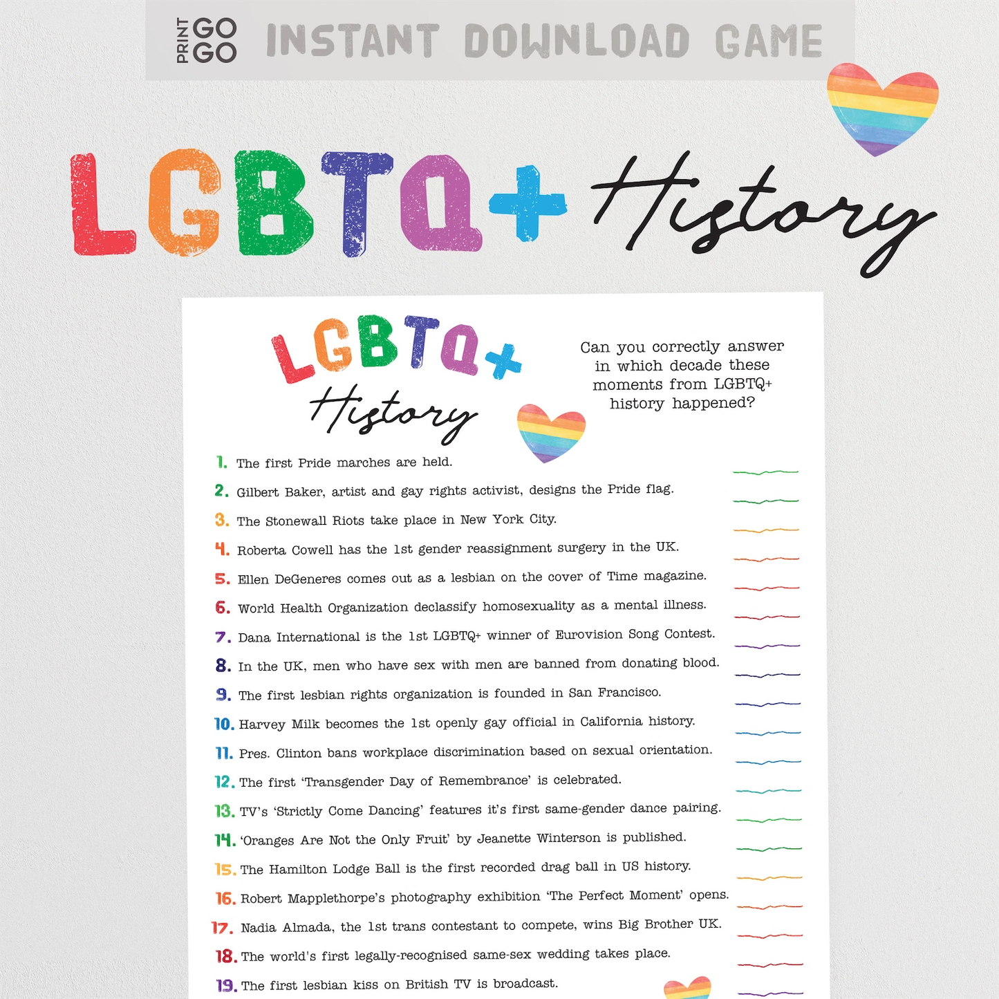 LGBTQ+ History trivia game with colorful text and rainbow heart symbols on a white background.