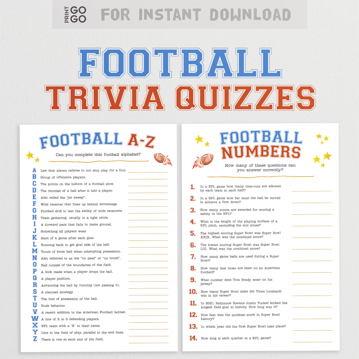 Two pages of football trivia quizzes with colorful text and headers on a light gray background.