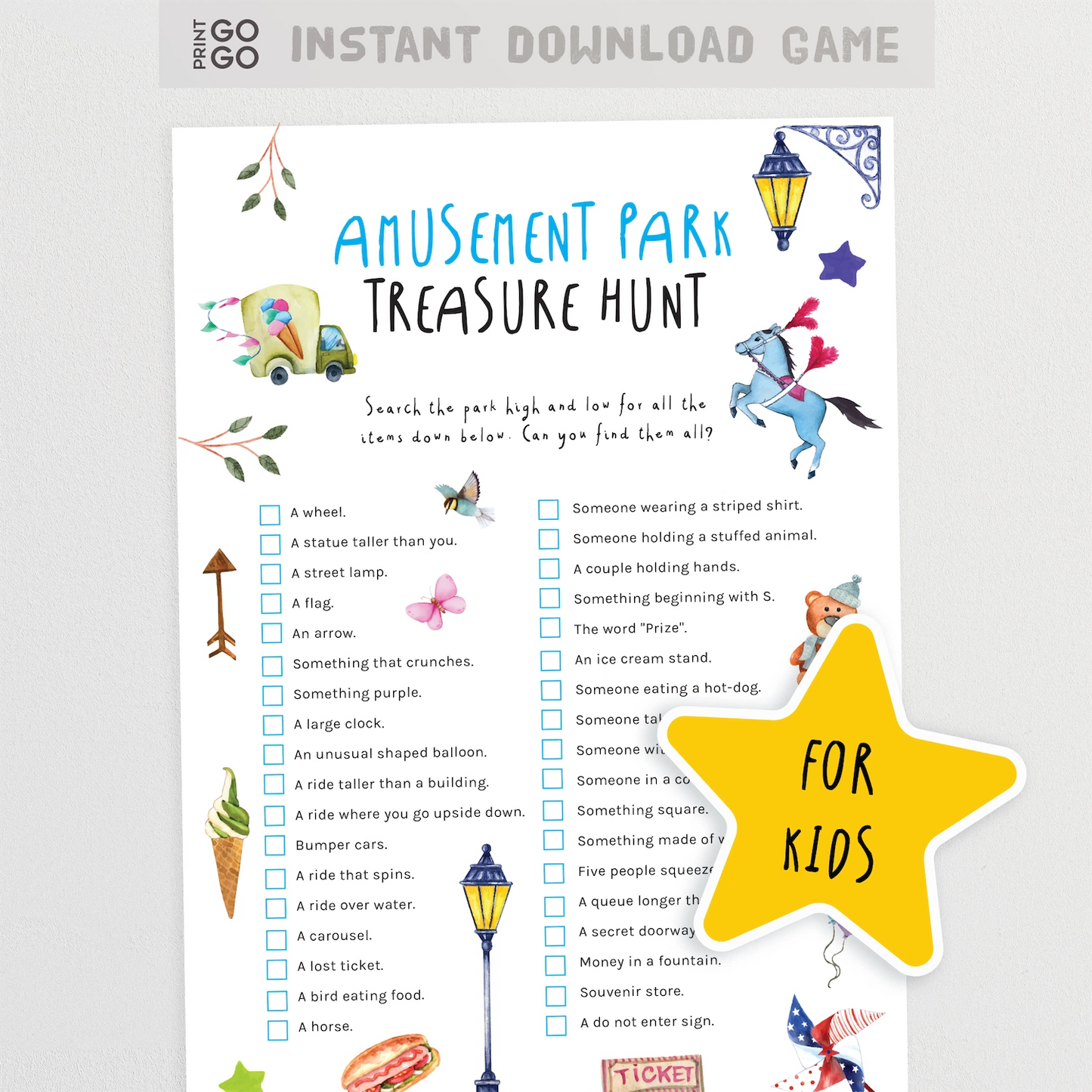 Amusement Park Treasure Hunt game sheet for kids with colorful illustrations on a white background.