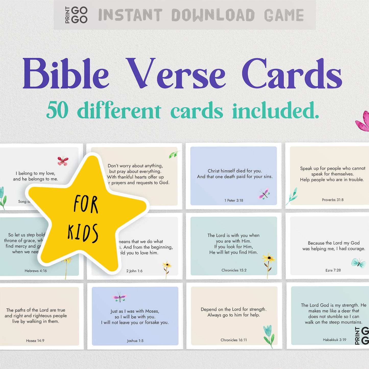 Bible Verse Cards for kids with sample verses on a white background