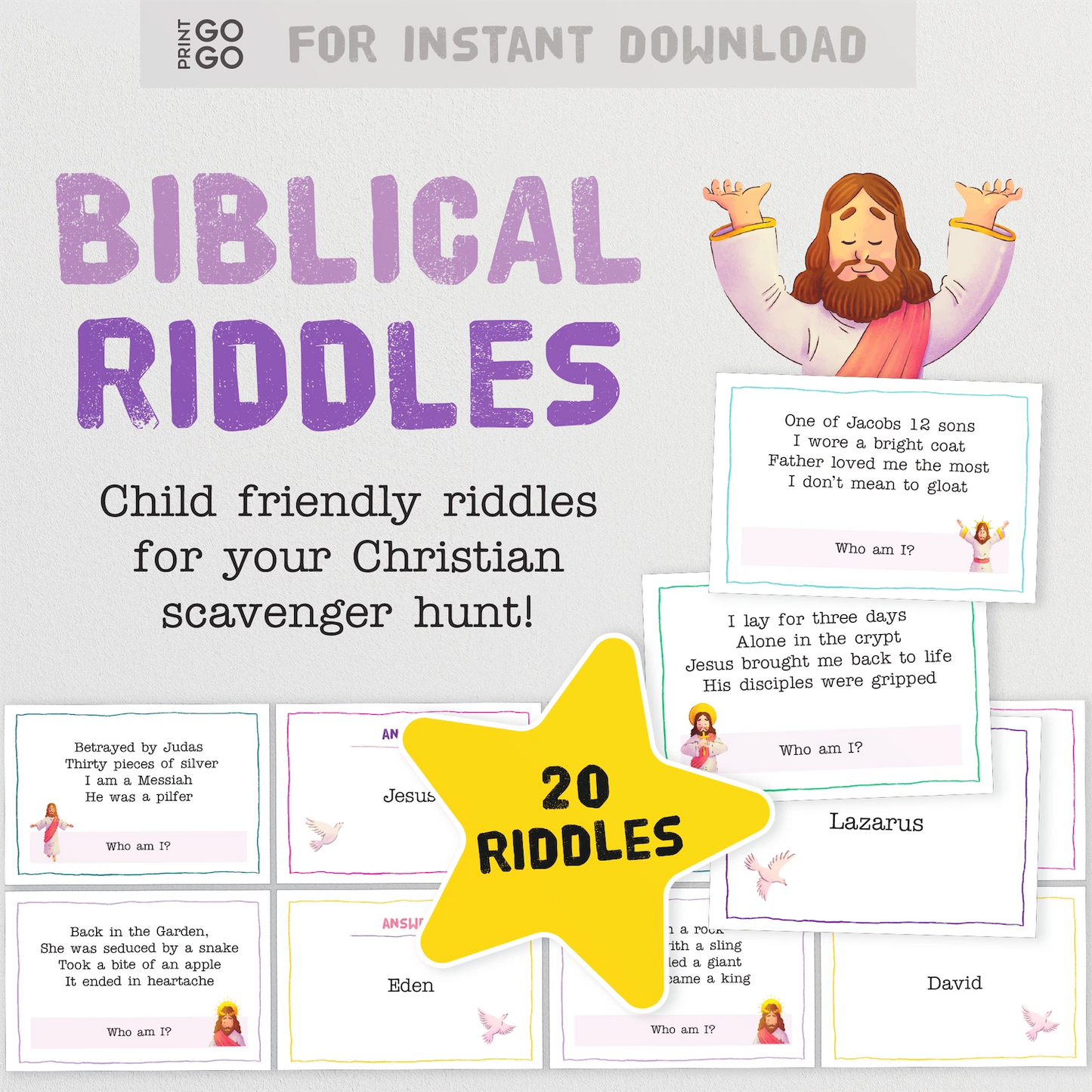 Biblical riddles for a Christian scavenger hunt with Jesus illustration and text.