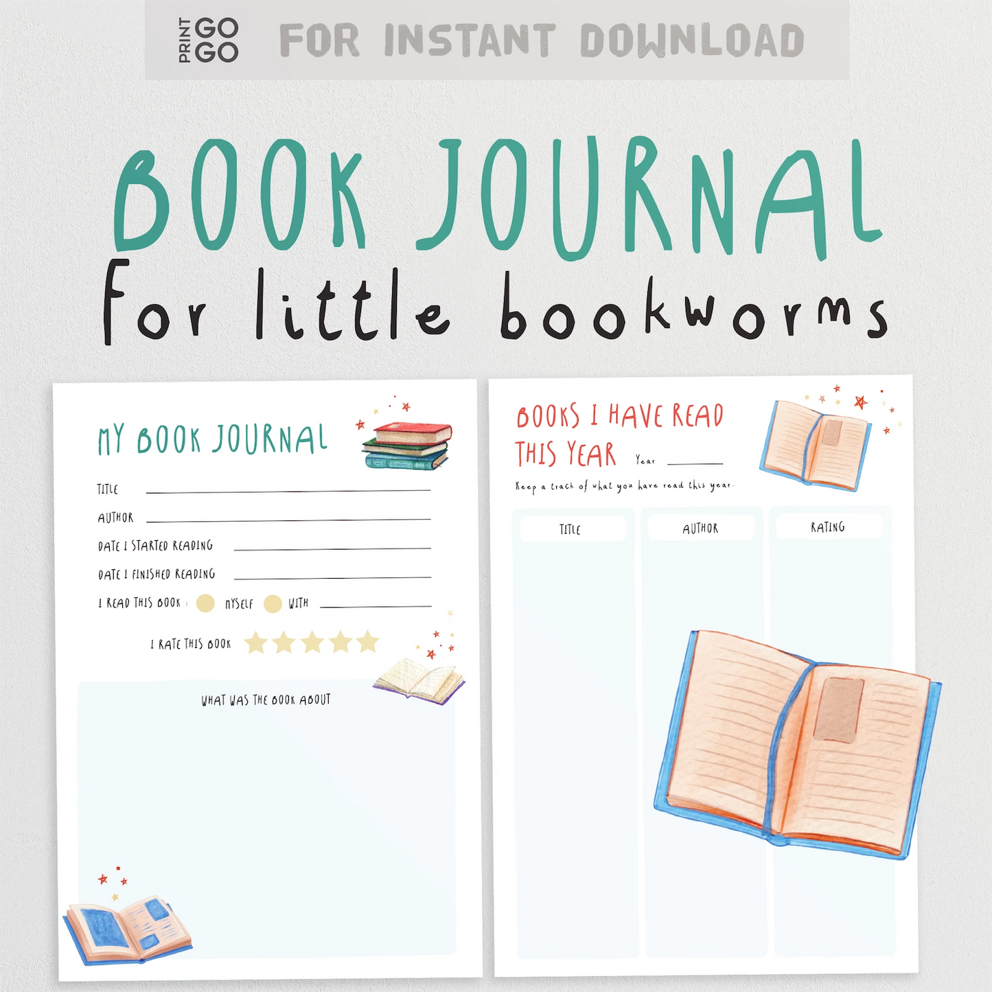 Book Journal for little bookworms with two pages displayed on a white background.